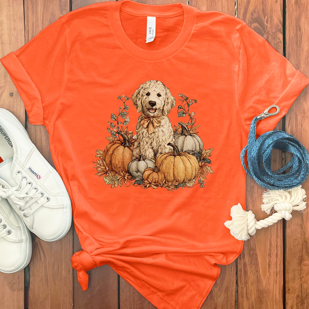 Cream Goldendoodle Pumpkin Time T-Shirt in S / Orange by Puppy Jo