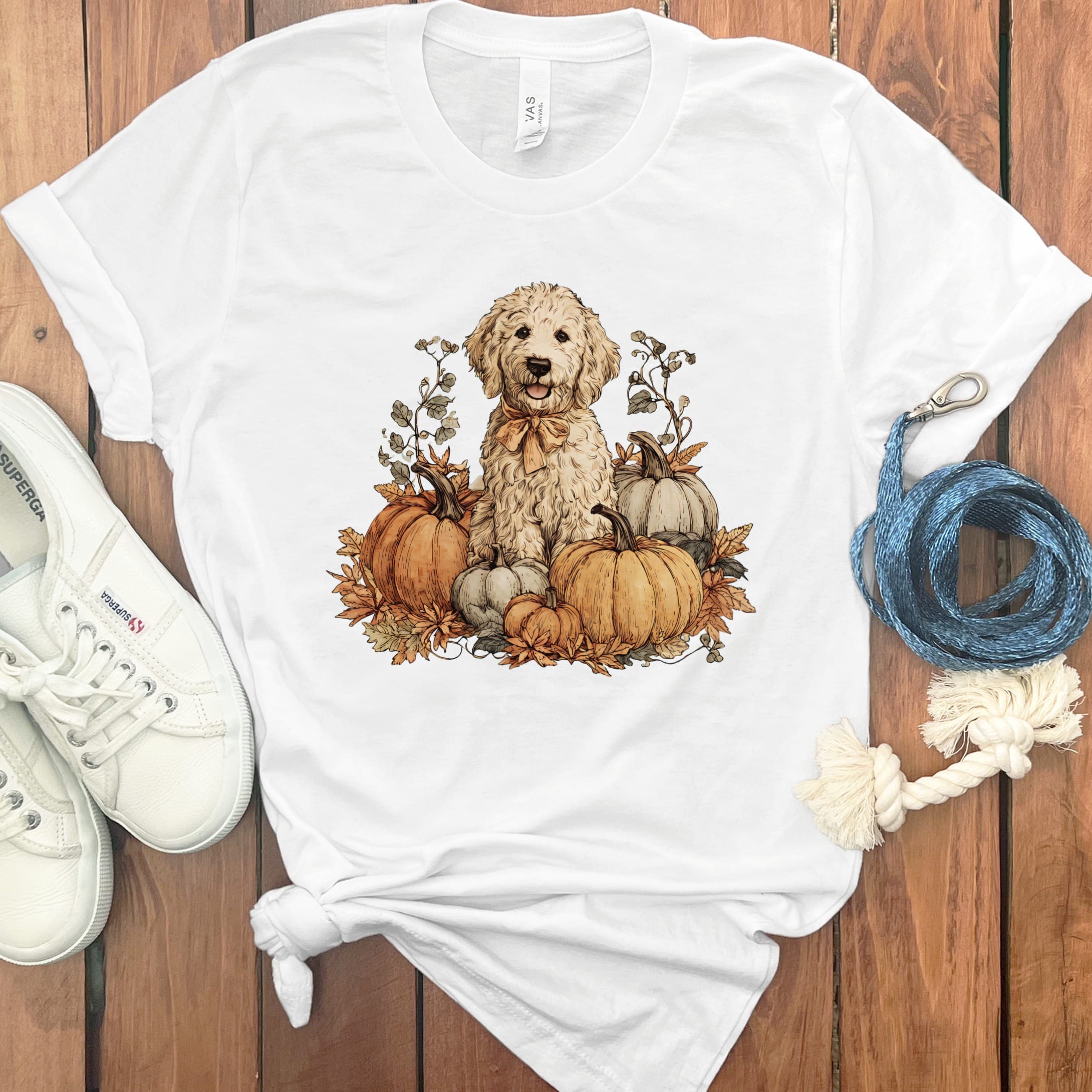 Cream Goldendoodle Pumpkin Time T-Shirt in S / White by Puppy Jo