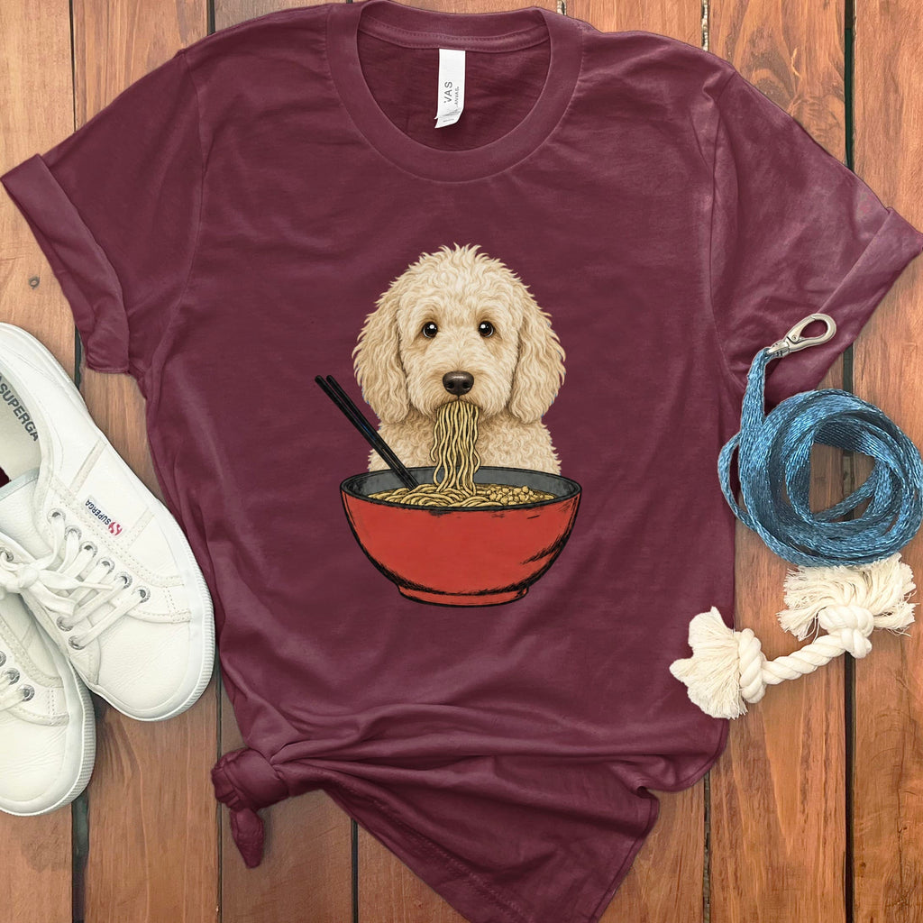 Cream Goldendoodle Ramen T-Shirt in Maroon / S / - by Puppy Jo
