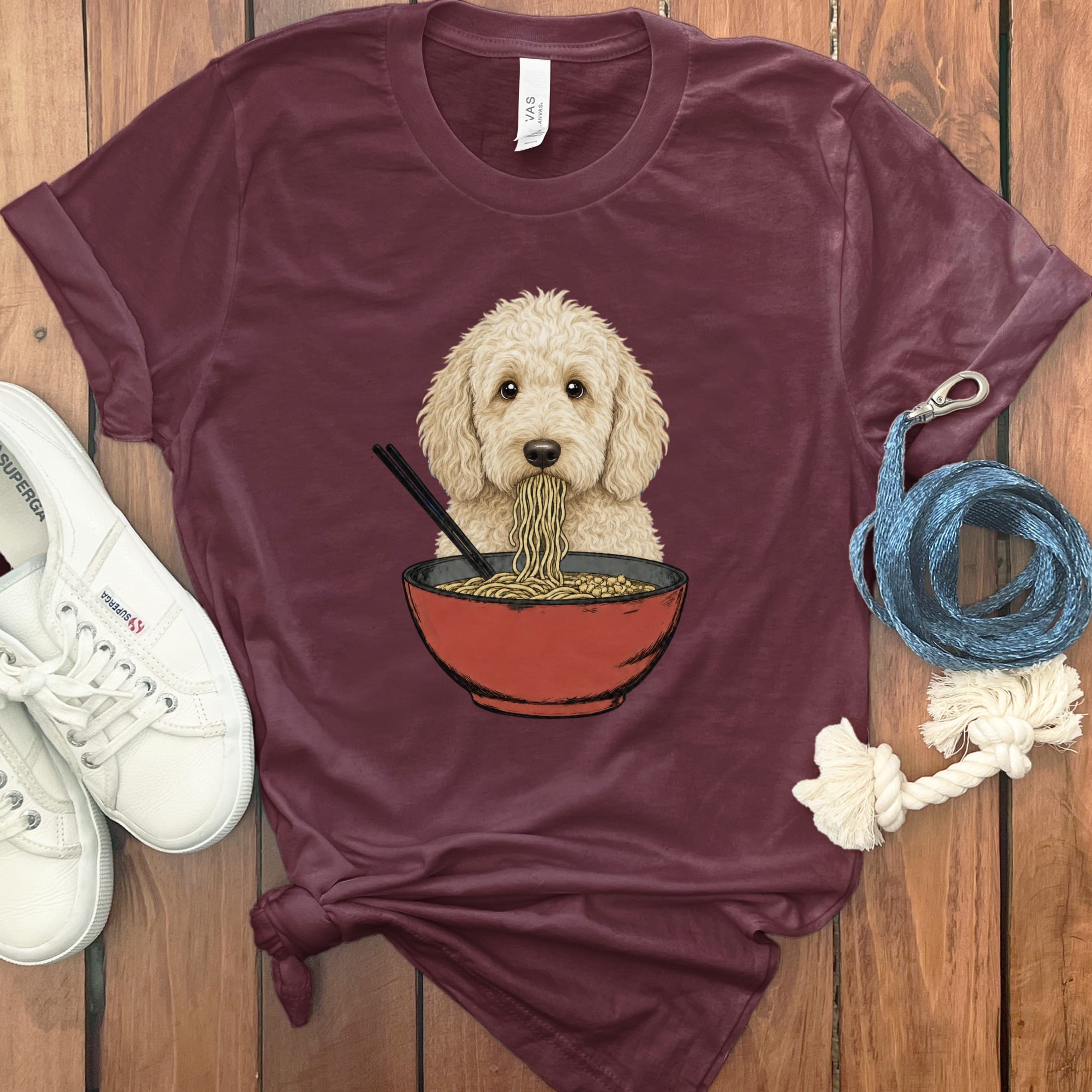 Cream Goldendoodle Ramen T-Shirt in Maroon / S / - by Puppy Jo