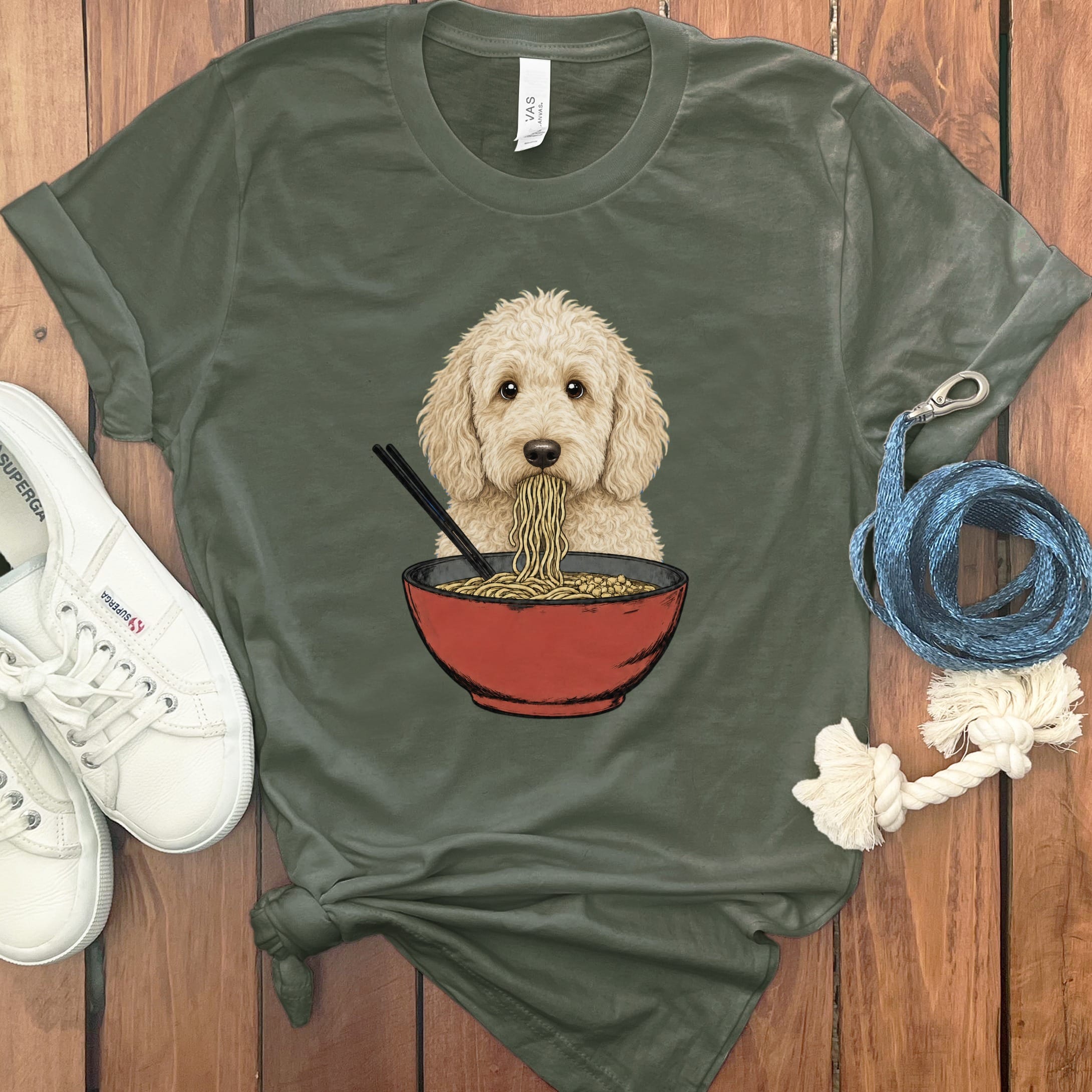 Cream Goldendoodle Ramen T-Shirt in Military Green / S / - by Puppy Jo