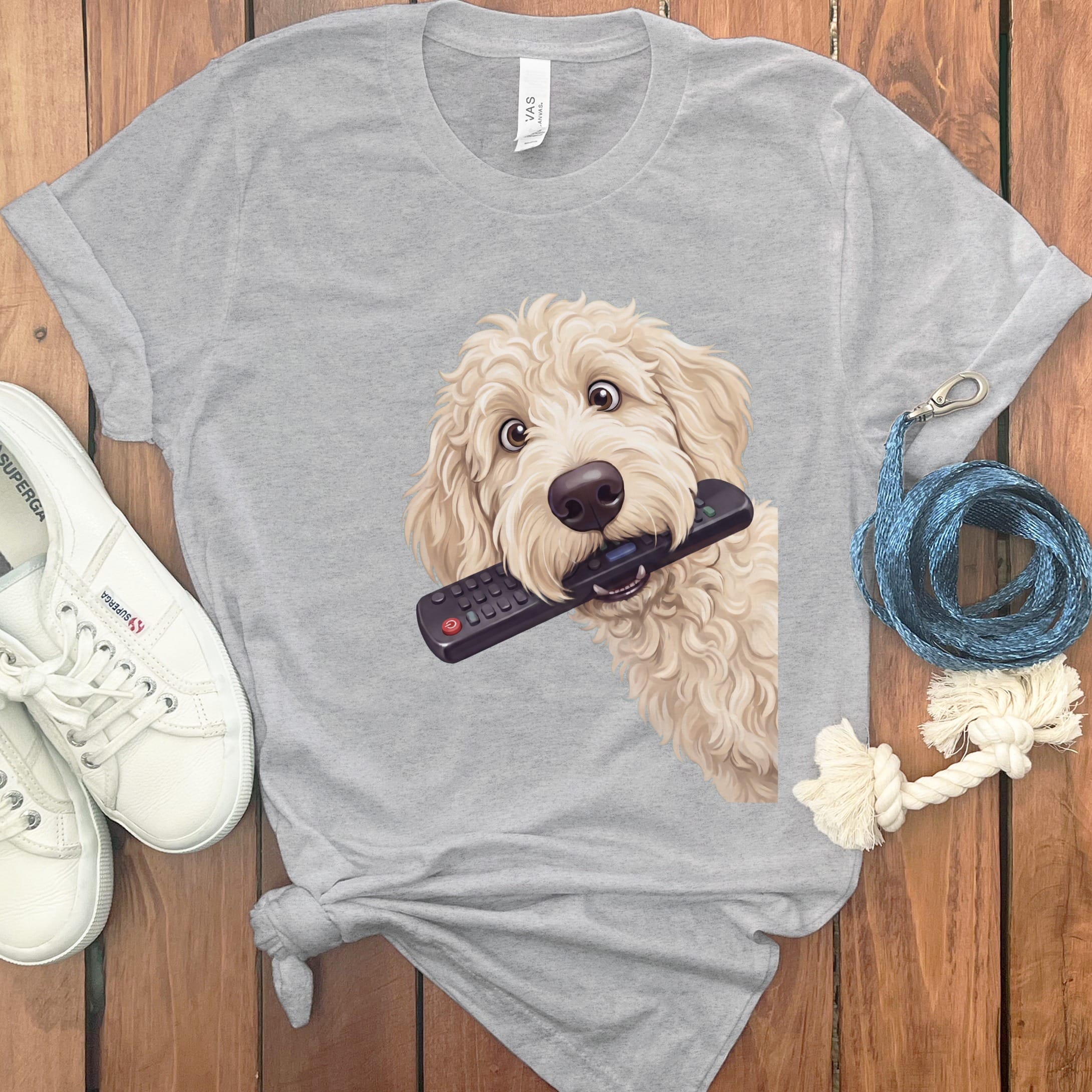 Cream Goldendoodle Remote T-Shirt in Athletic Heather / S by Puppy Jo