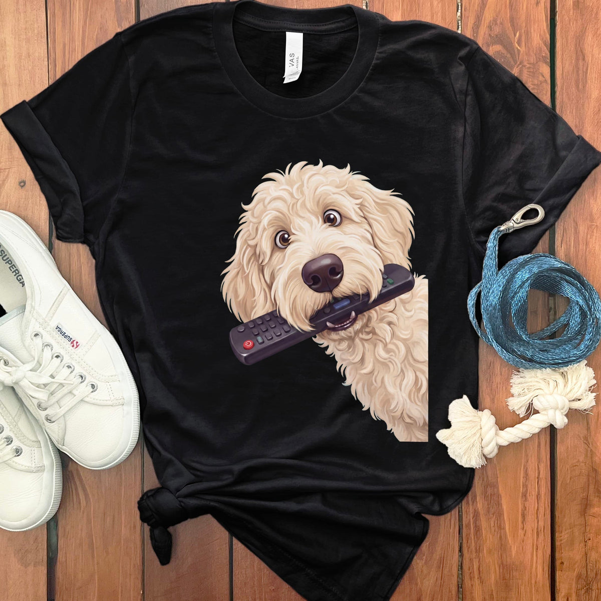 Cream Goldendoodle Remote T-Shirt in Black / S by Puppy Jo