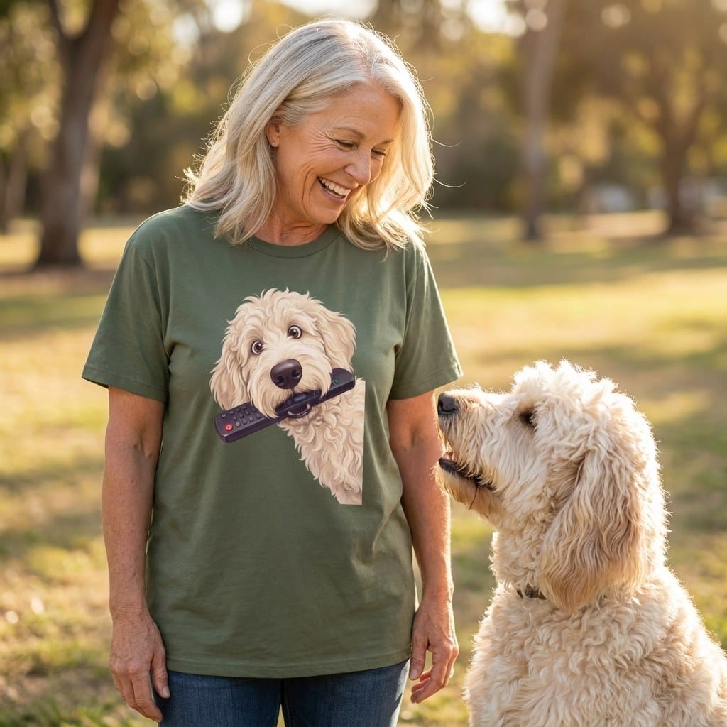 Cream Goldendoodle Remote T-Shirt in by Puppy Jo