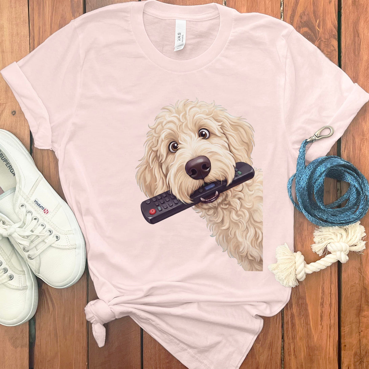Cream Goldendoodle Remote T-Shirt in Soft Pink / S by Puppy Jo