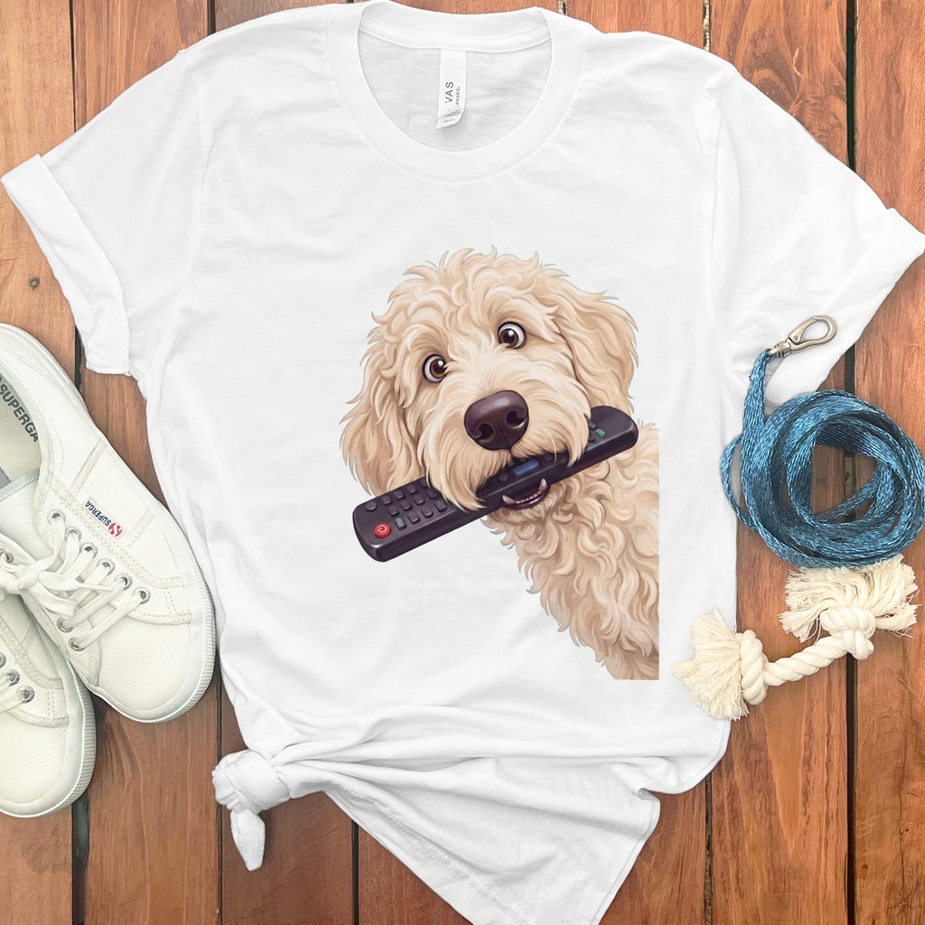 Cream Goldendoodle Remote T-Shirt in White / S by Puppy Jo