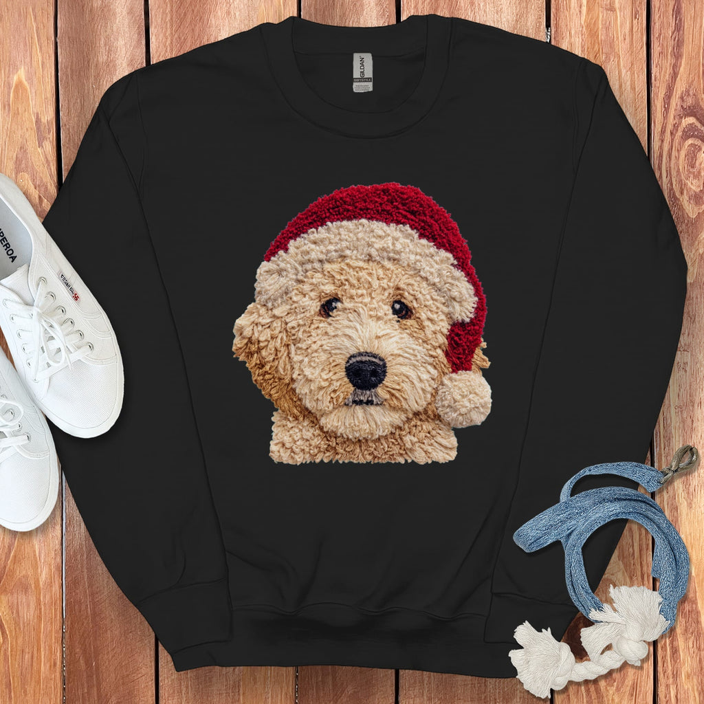 Cream Goldendoodle Santa Faux Yarn Sweatshirt in Black / S by Puppy Jo