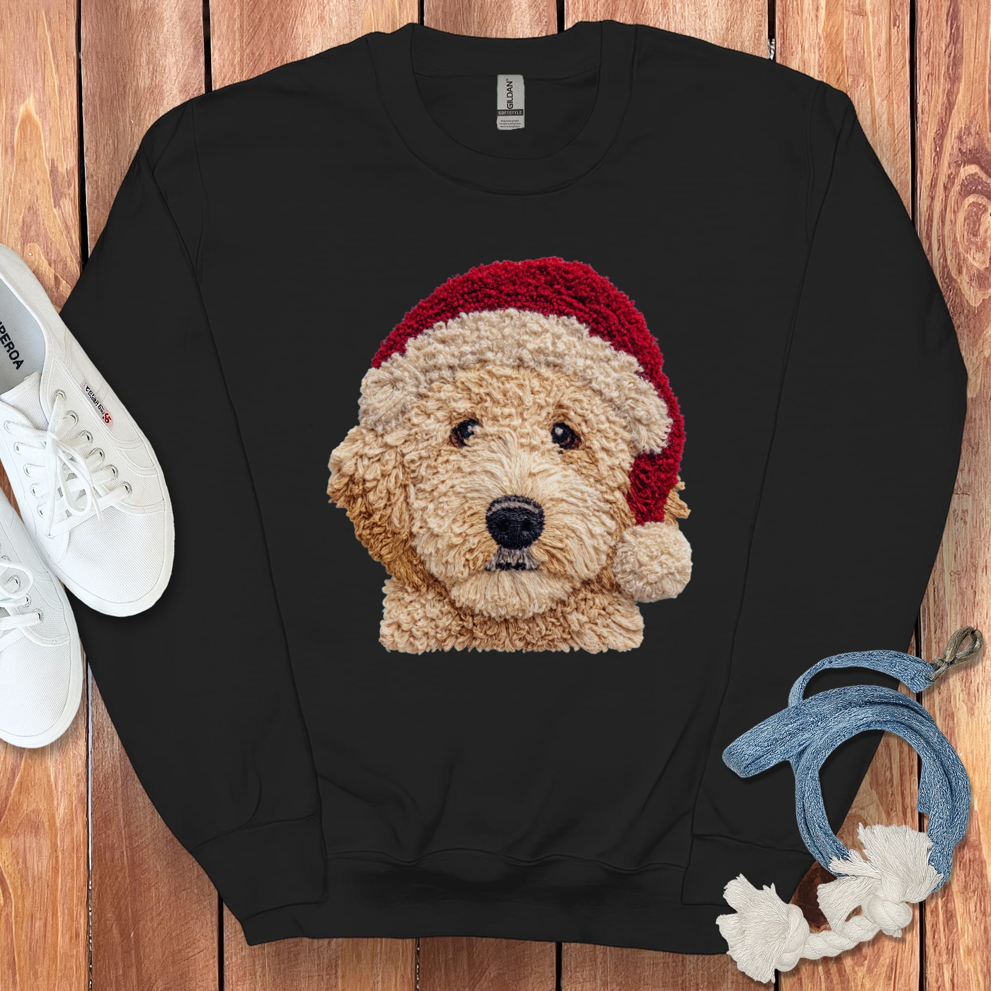 Cream Goldendoodle Santa Faux Yarn Sweatshirt in Black / S by Puppy Jo