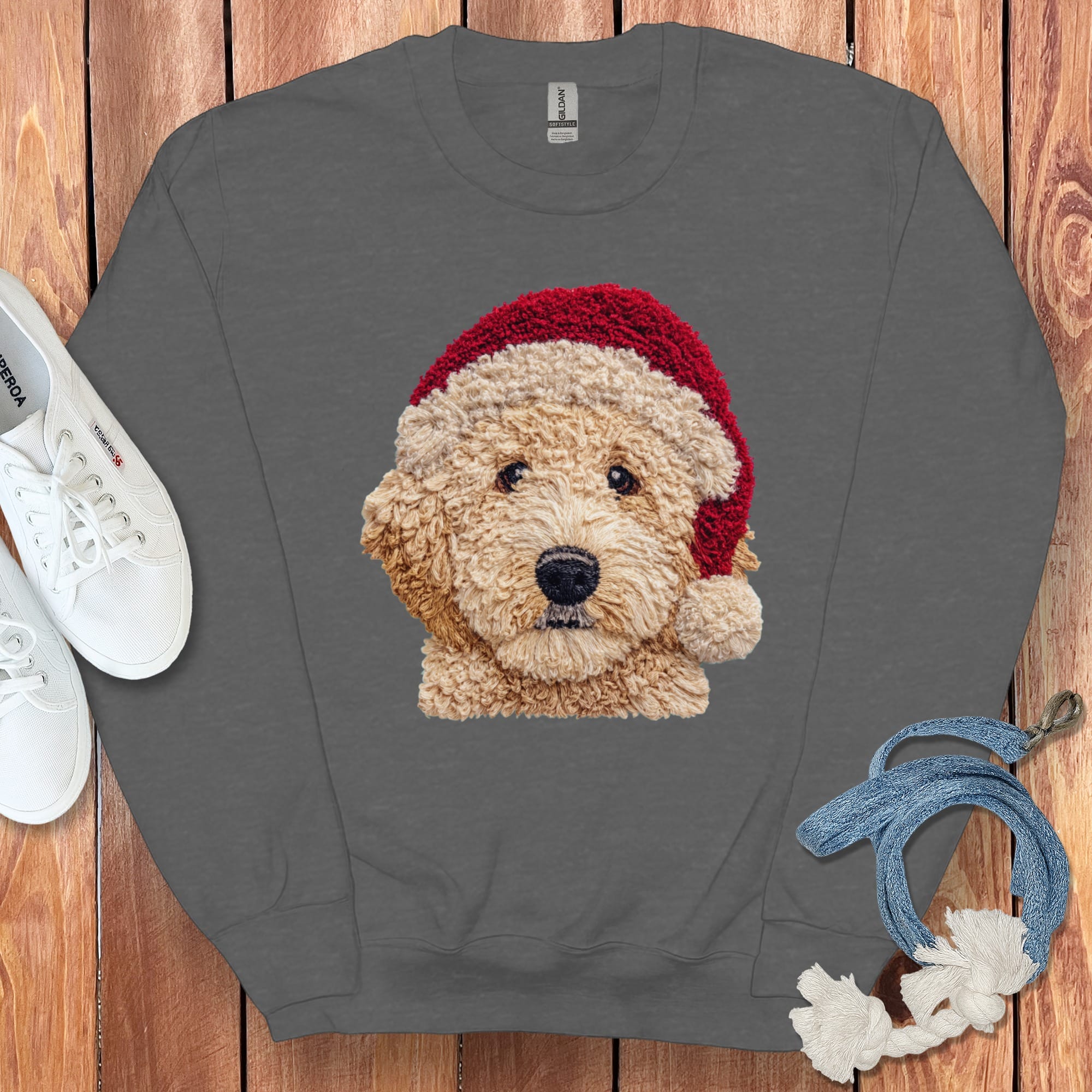 Cream Goldendoodle Santa Faux Yarn Sweatshirt in Dark Heather / S by Puppy Jo
