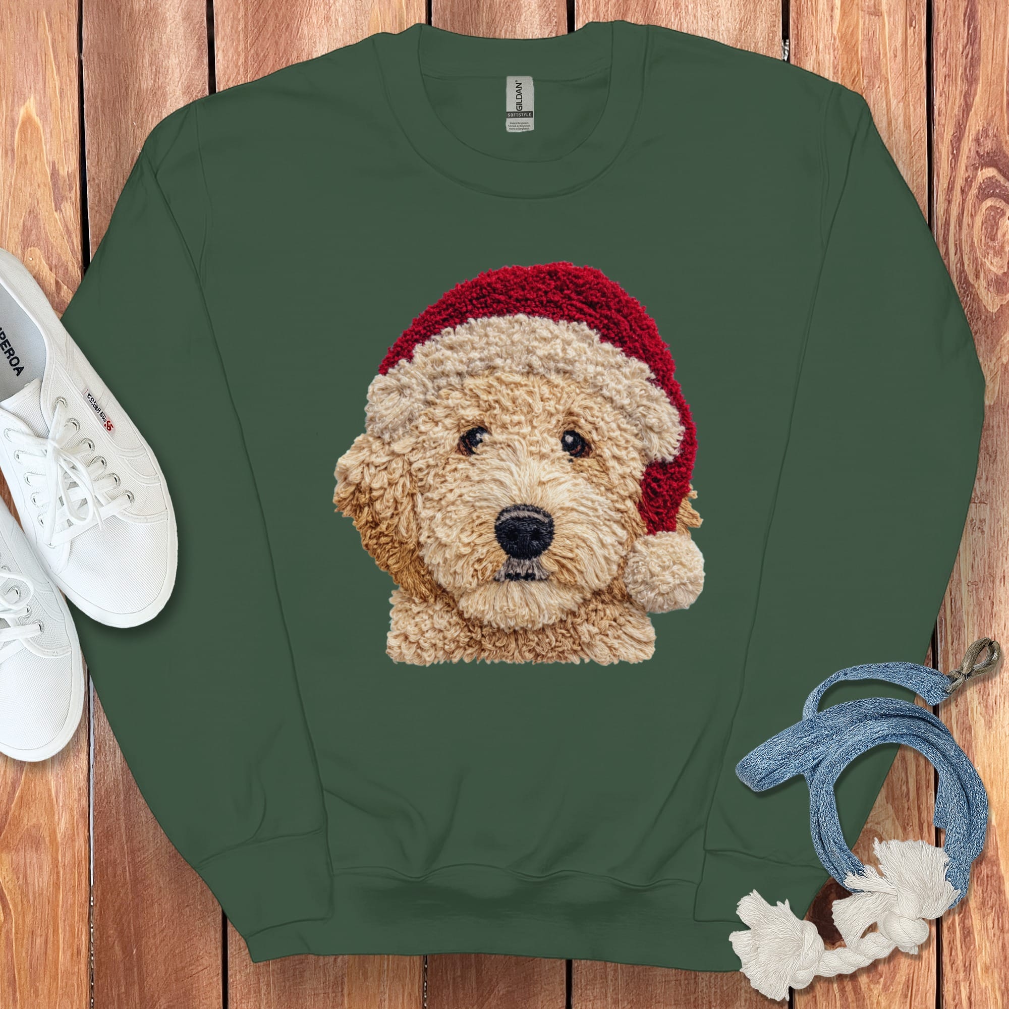 Cream Goldendoodle Santa Faux Yarn Sweatshirt in Forest Green / S by Puppy Jo