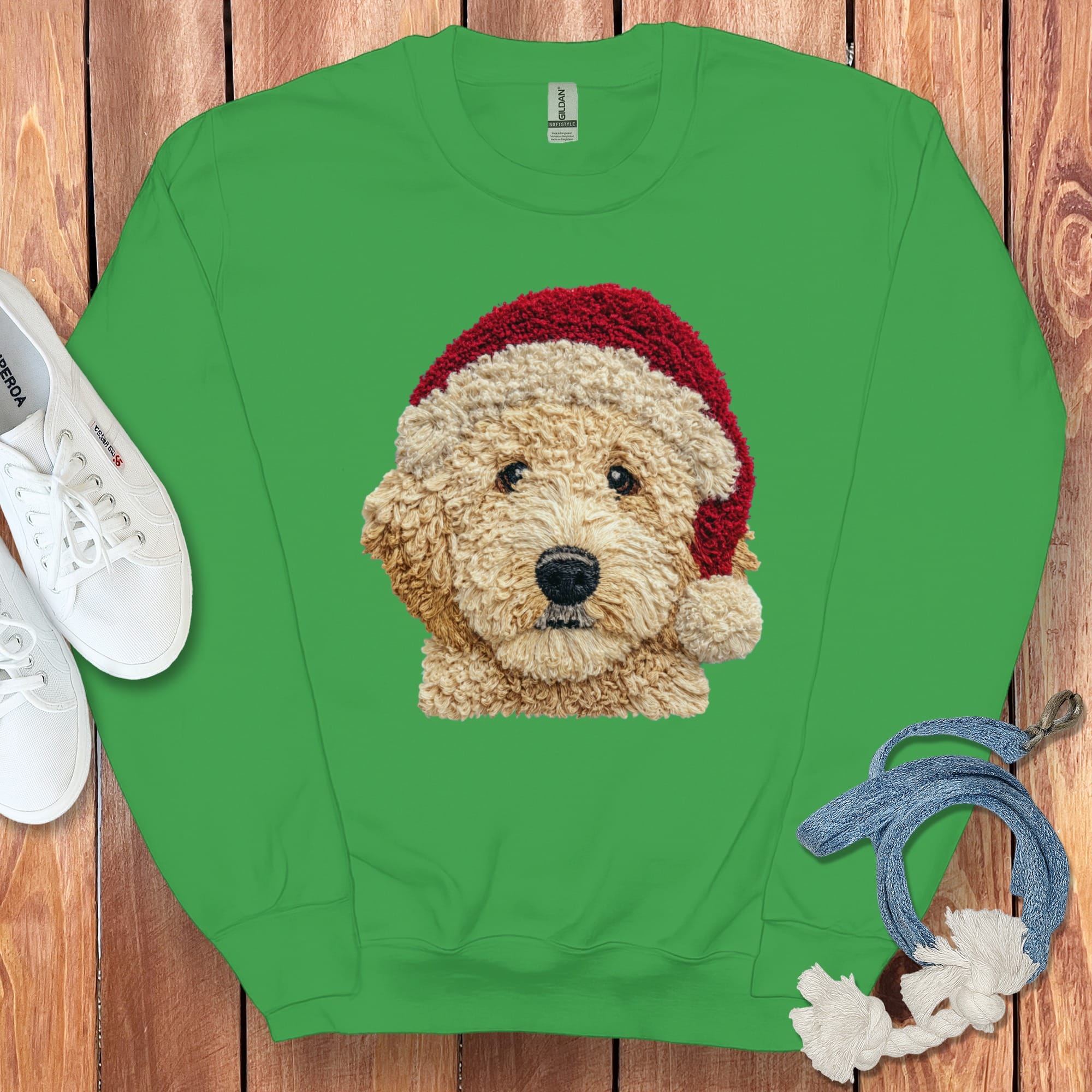 Cream Goldendoodle Santa Faux Yarn Sweatshirt in Irish Green / S by Puppy Jo