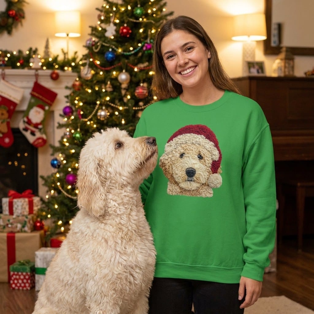 Cream Goldendoodle Santa Faux Yarn Sweatshirt in by Puppy Jo