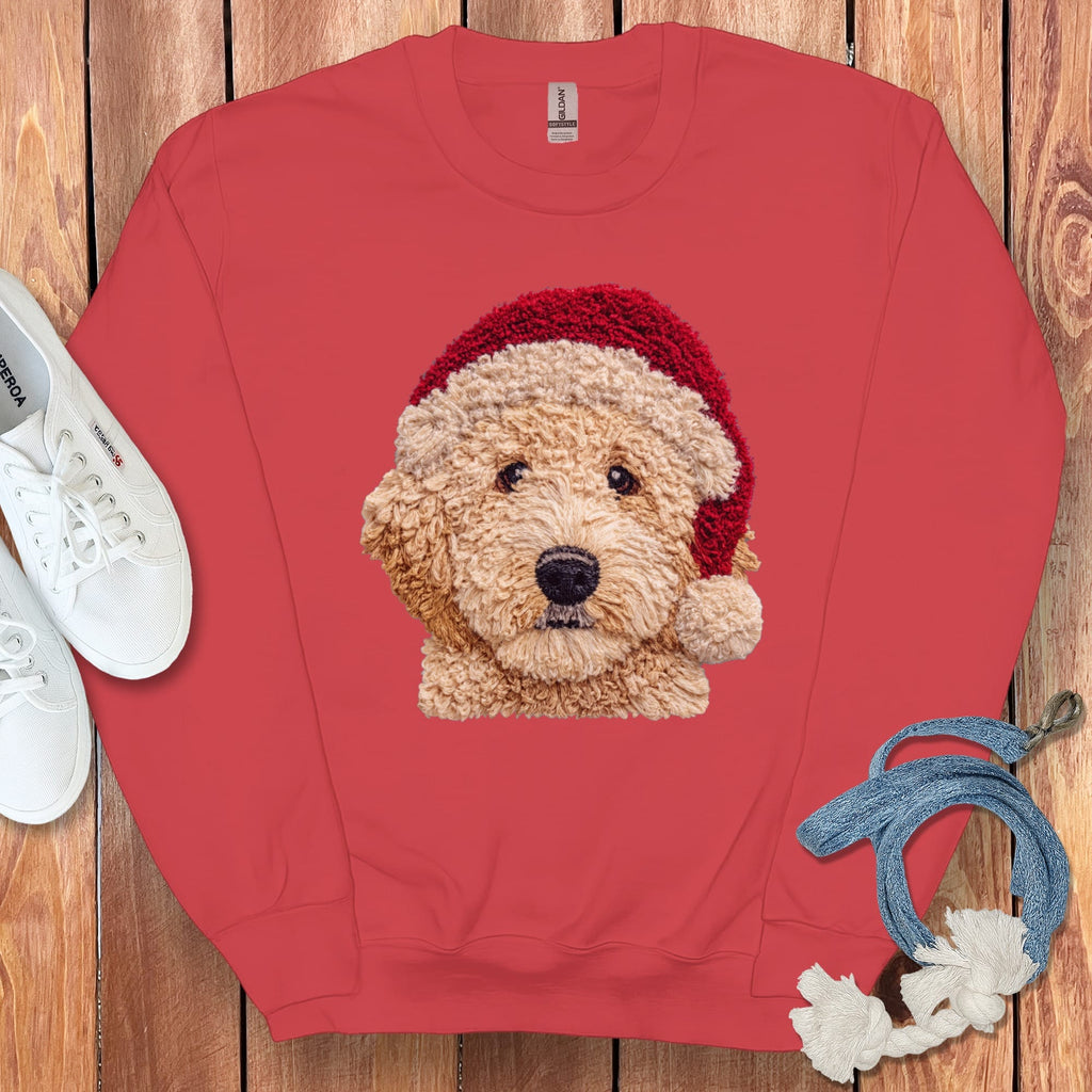 Cream Goldendoodle Santa Faux Yarn Sweatshirt in Red / S by Puppy Jo