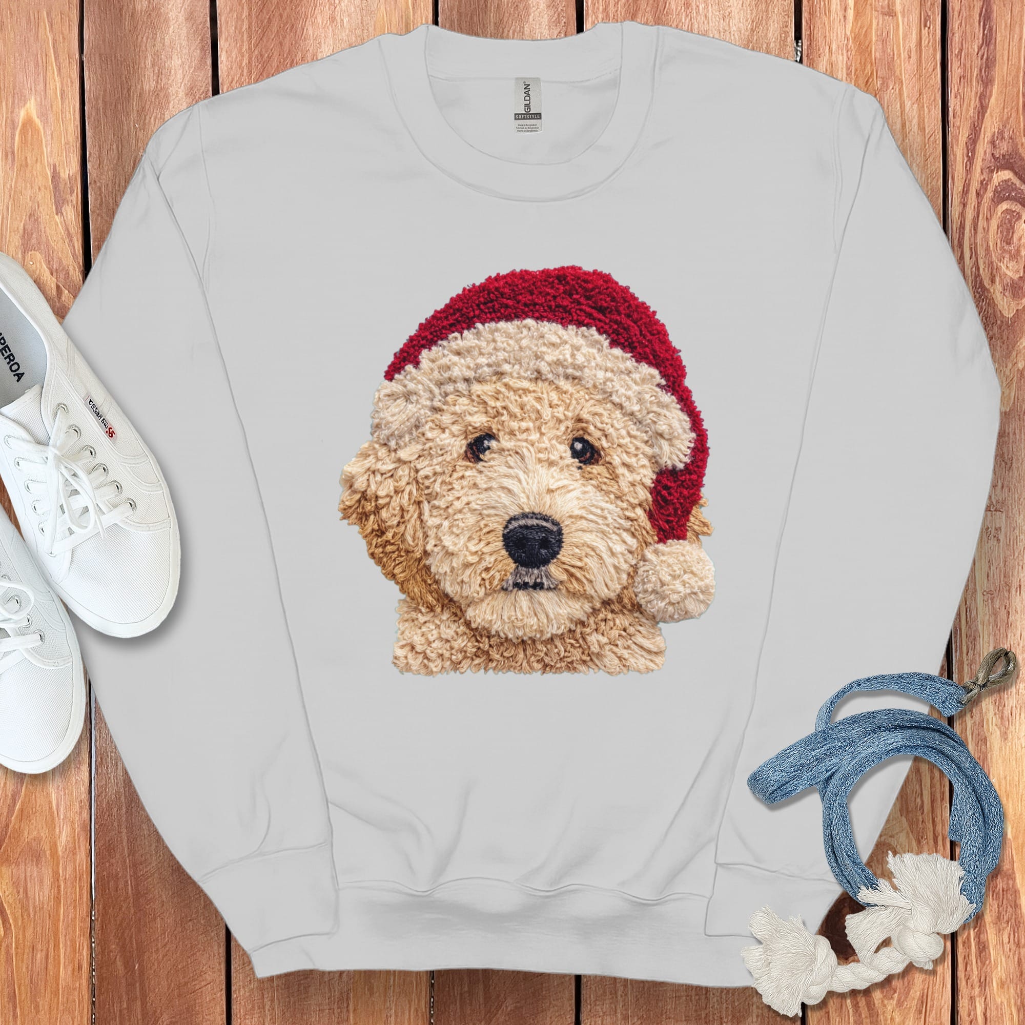 Cream Goldendoodle Santa Faux Yarn Sweatshirt in Sport Grey / S by Puppy Jo