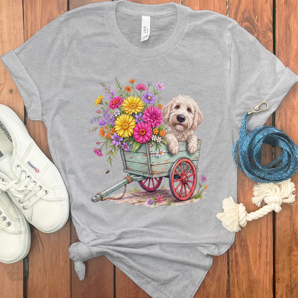 Cream Goldendoodle Spring Wagon T-Shirt in Athletic Heather / S by Puppy Jo