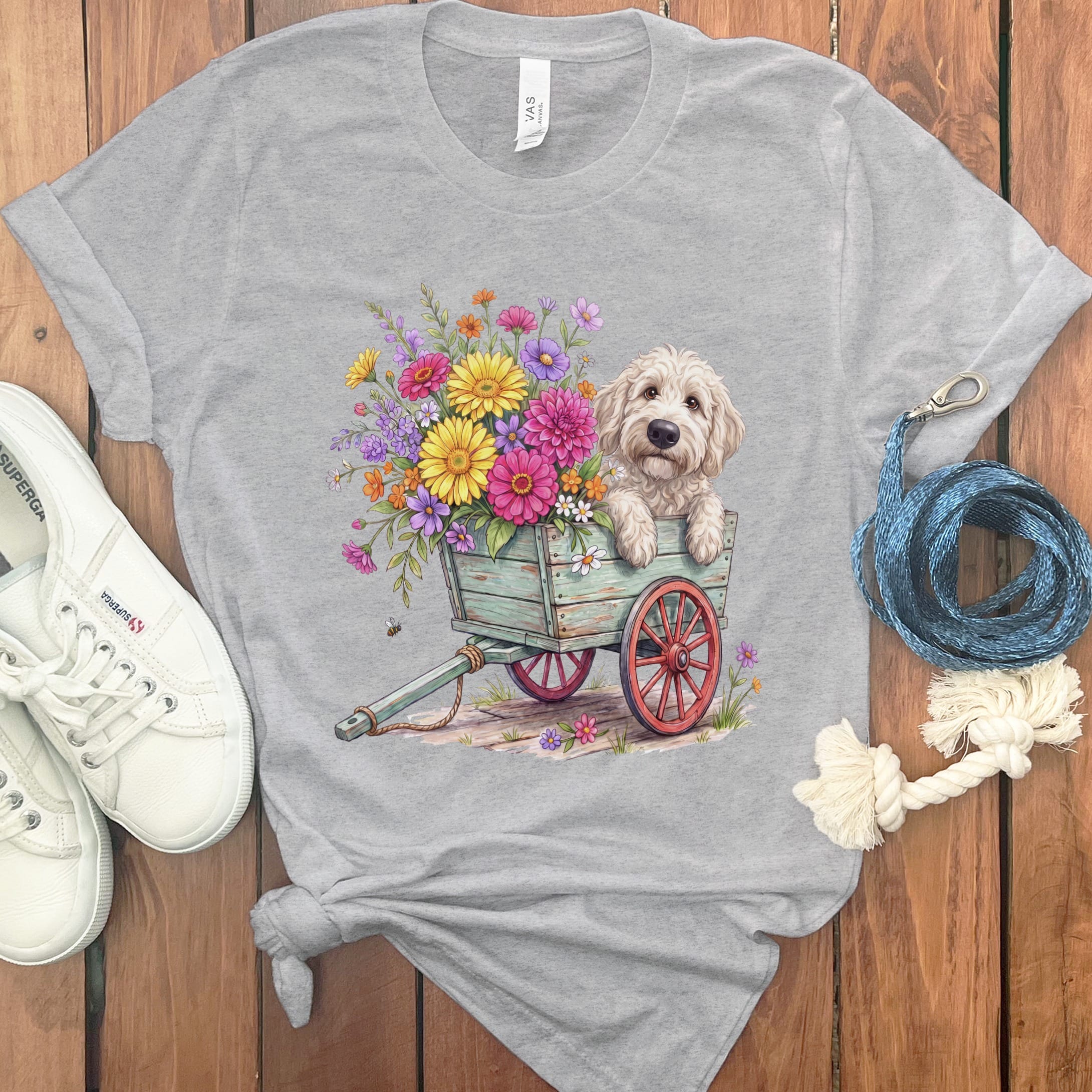 Cream Goldendoodle Spring Wagon T-Shirt in Athletic Heather / S by Puppy Jo