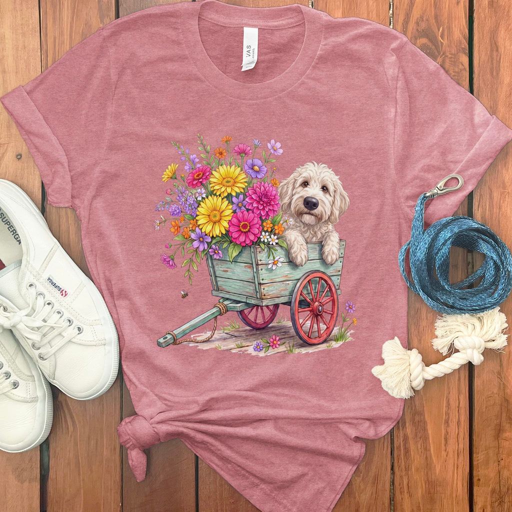 Cream Goldendoodle Spring Wagon T-Shirt in Heather Mauve / S by Puppy Jo