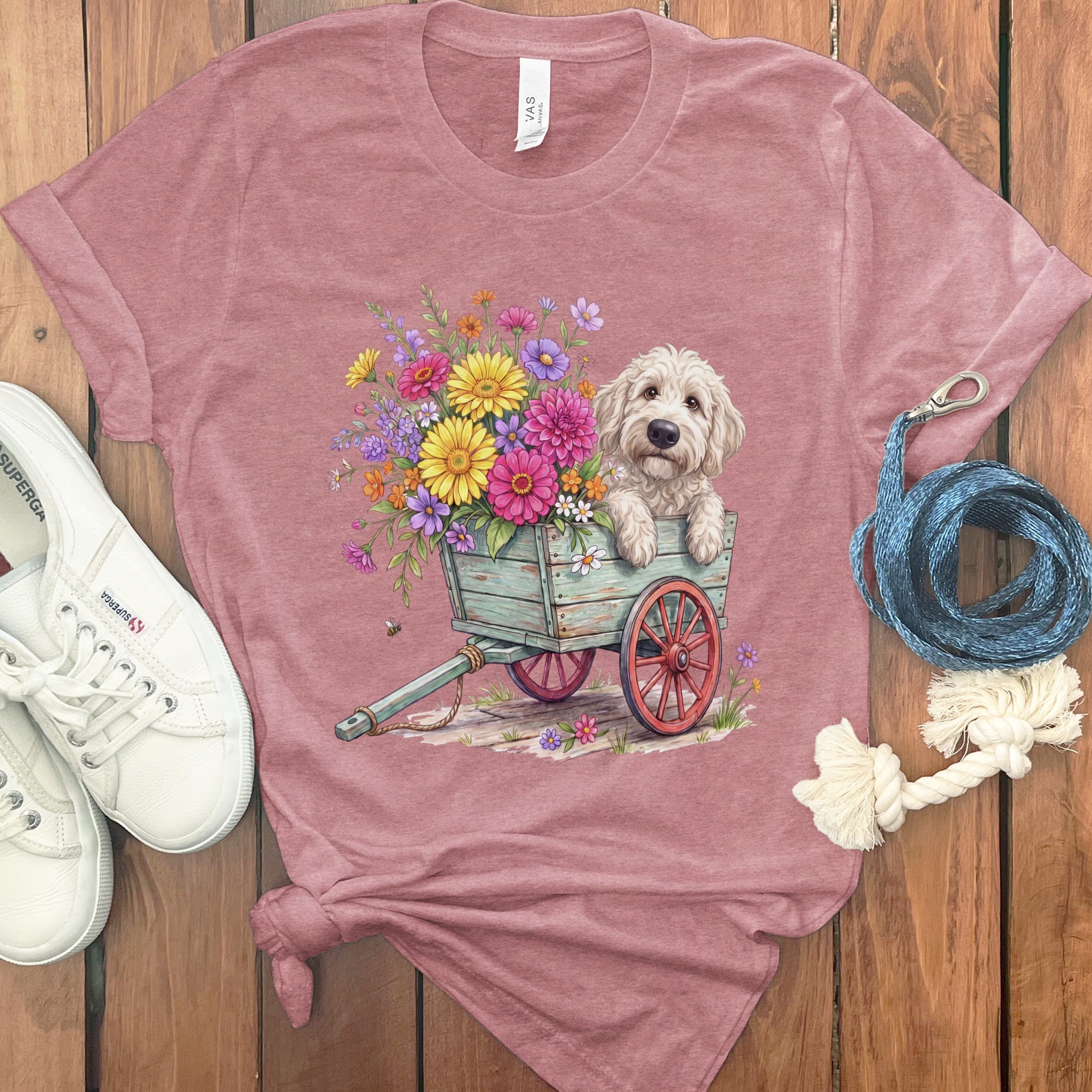 Cream Goldendoodle Spring Wagon T-Shirt in Heather Mauve / S by Puppy Jo