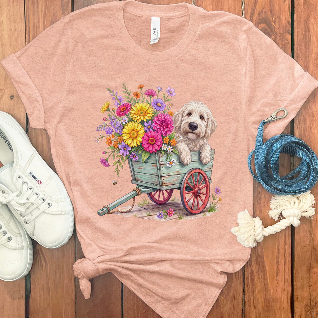 Cream Goldendoodle Spring Wagon T-Shirt in Heather Peach / S by Puppy Jo