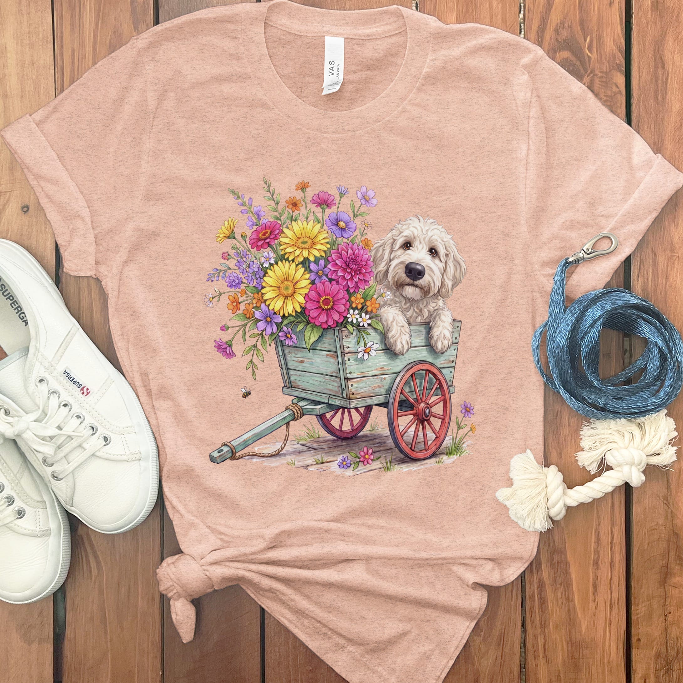 Cream Goldendoodle Spring Wagon T-Shirt in Heather Peach / S by Puppy Jo
