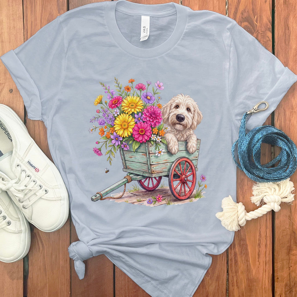 Cream Goldendoodle Spring Wagon T-Shirt in Light Blue / S by Puppy Jo