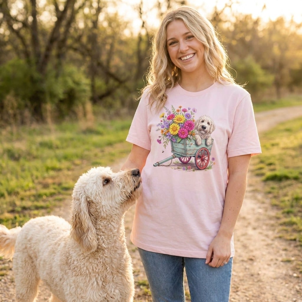 Cream Goldendoodle Spring Wagon T-Shirt in by Puppy Jo