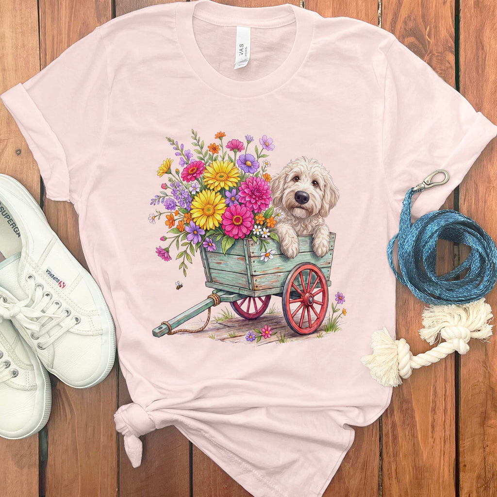 Cream Goldendoodle Spring Wagon T-Shirt in Soft Pink / S by Puppy Jo