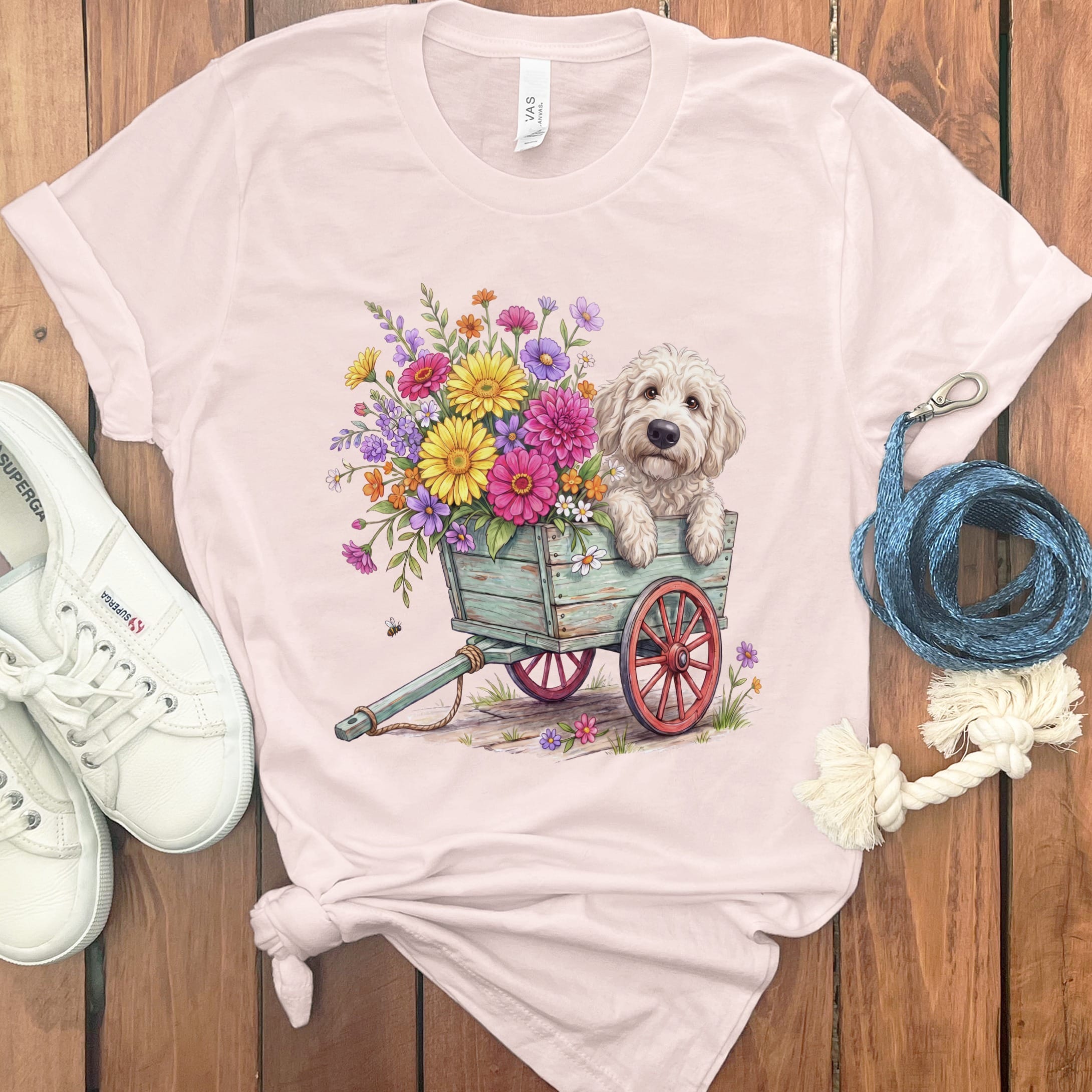 Cream Goldendoodle Spring Wagon T-Shirt in Soft Pink / S by Puppy Jo