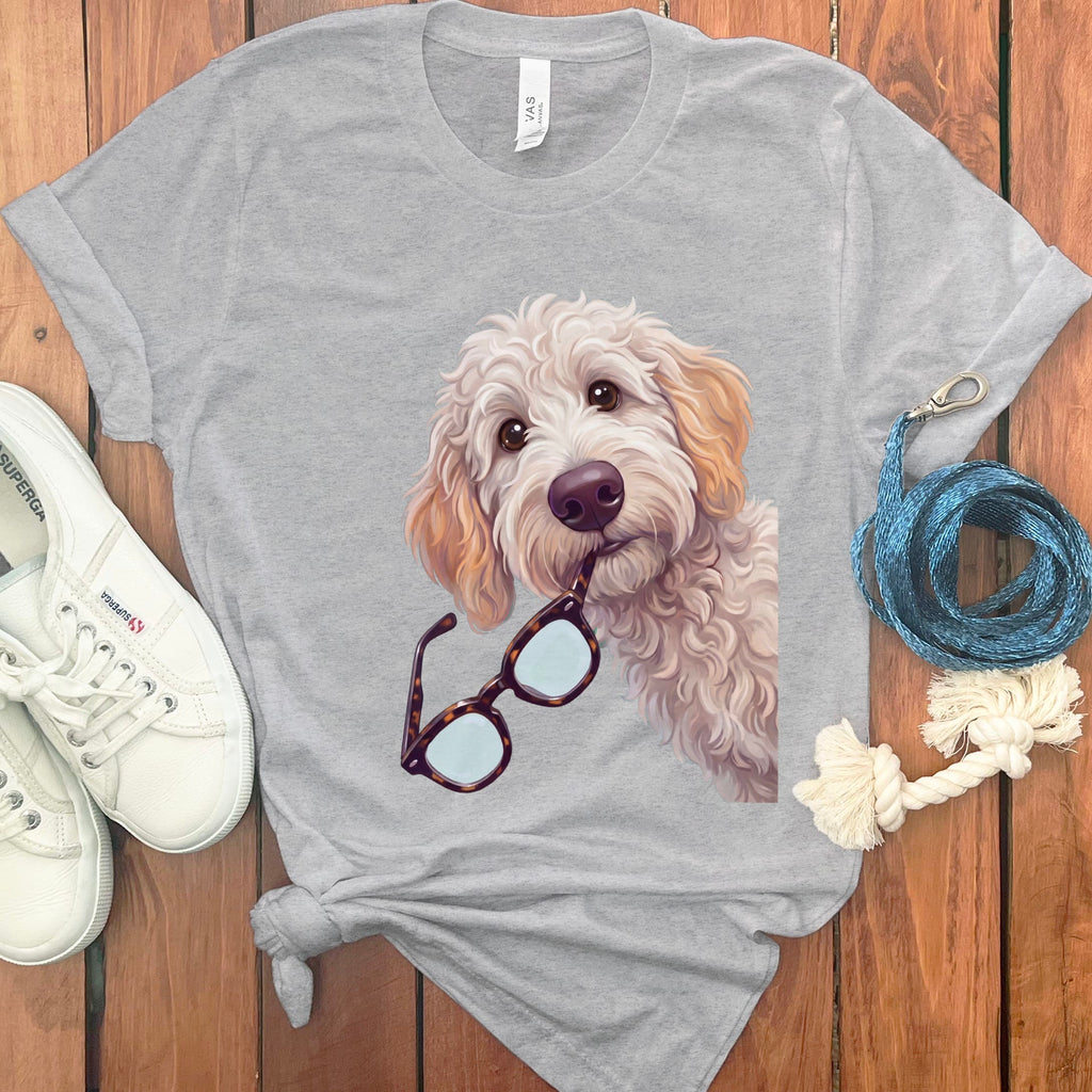 Cream Goldendoodle Stolen Glasses T-Shirt in Athletic Heather / S by Puppy Jo