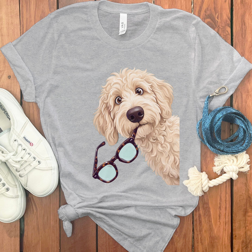 Cream Goldendoodle Stolen Glasses T-Shirt in Athletic Heather / S by Puppy Jo
