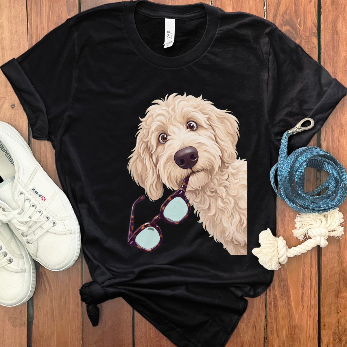 Cream Goldendoodle Stolen Glasses T-Shirt in Black / S by Puppy Jo