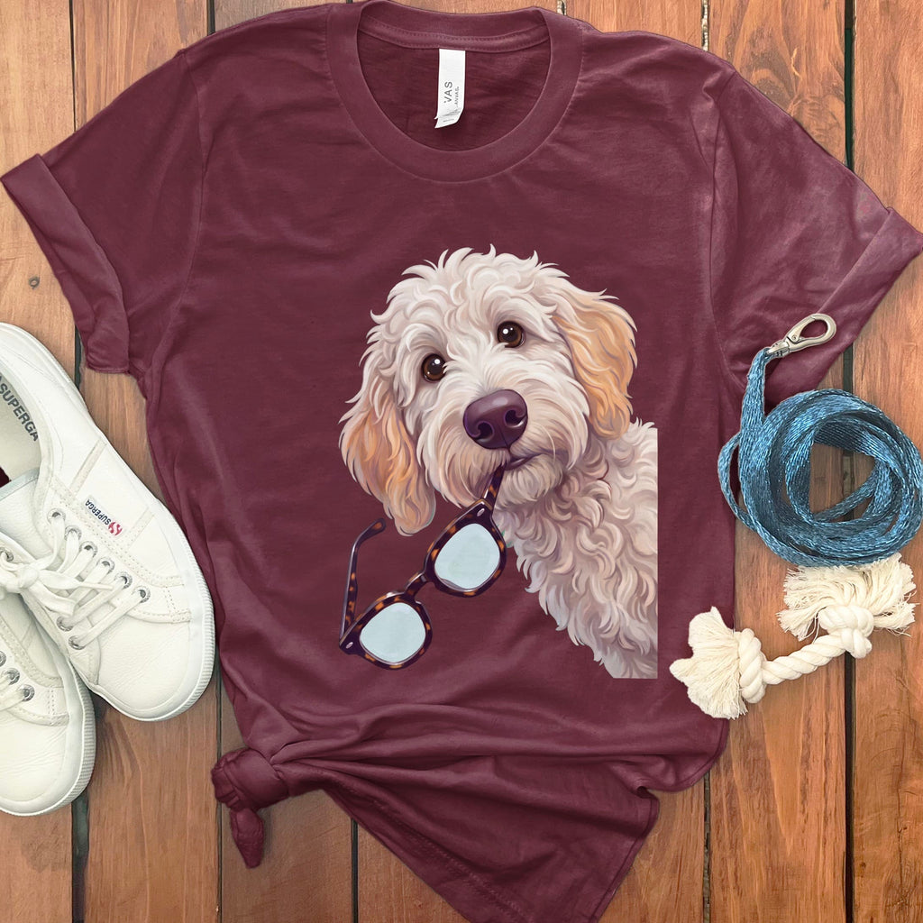 Cream Goldendoodle Stolen Glasses T-Shirt in Maroon / S by Puppy Jo