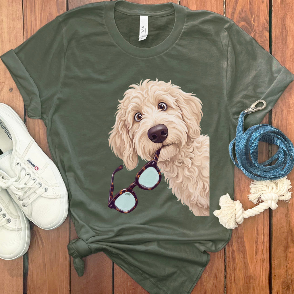 Cream Goldendoodle Stolen Glasses T-Shirt in Military Green / S by Puppy Jo