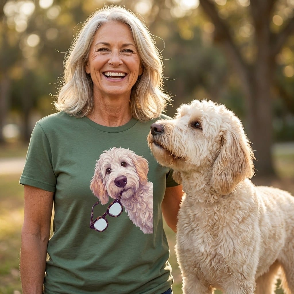Cream Goldendoodle Stolen Glasses T-Shirt in by Puppy Jo