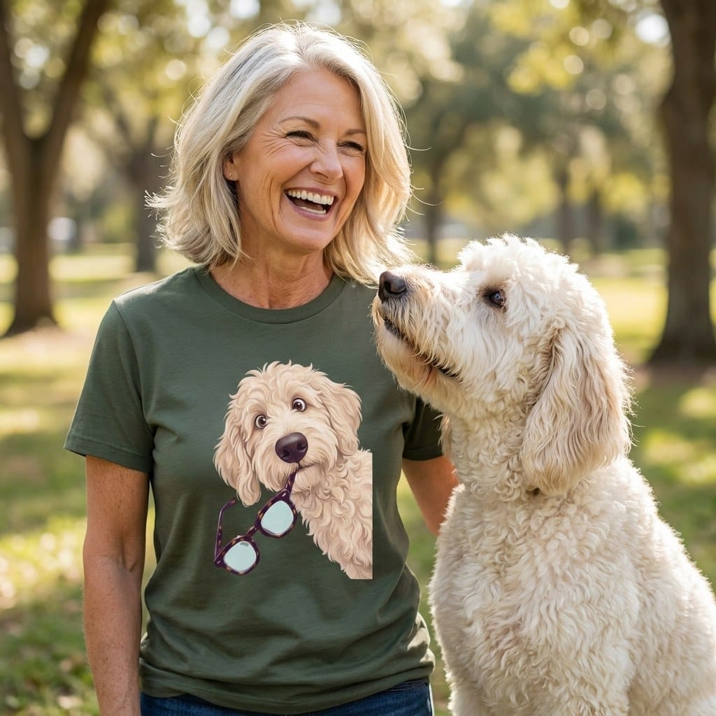 Cream Goldendoodle Stolen Glasses T-Shirt in by Puppy Jo