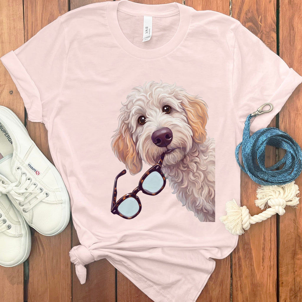 Cream Goldendoodle Stolen Glasses T-Shirt in Soft Pink / S by Puppy Jo