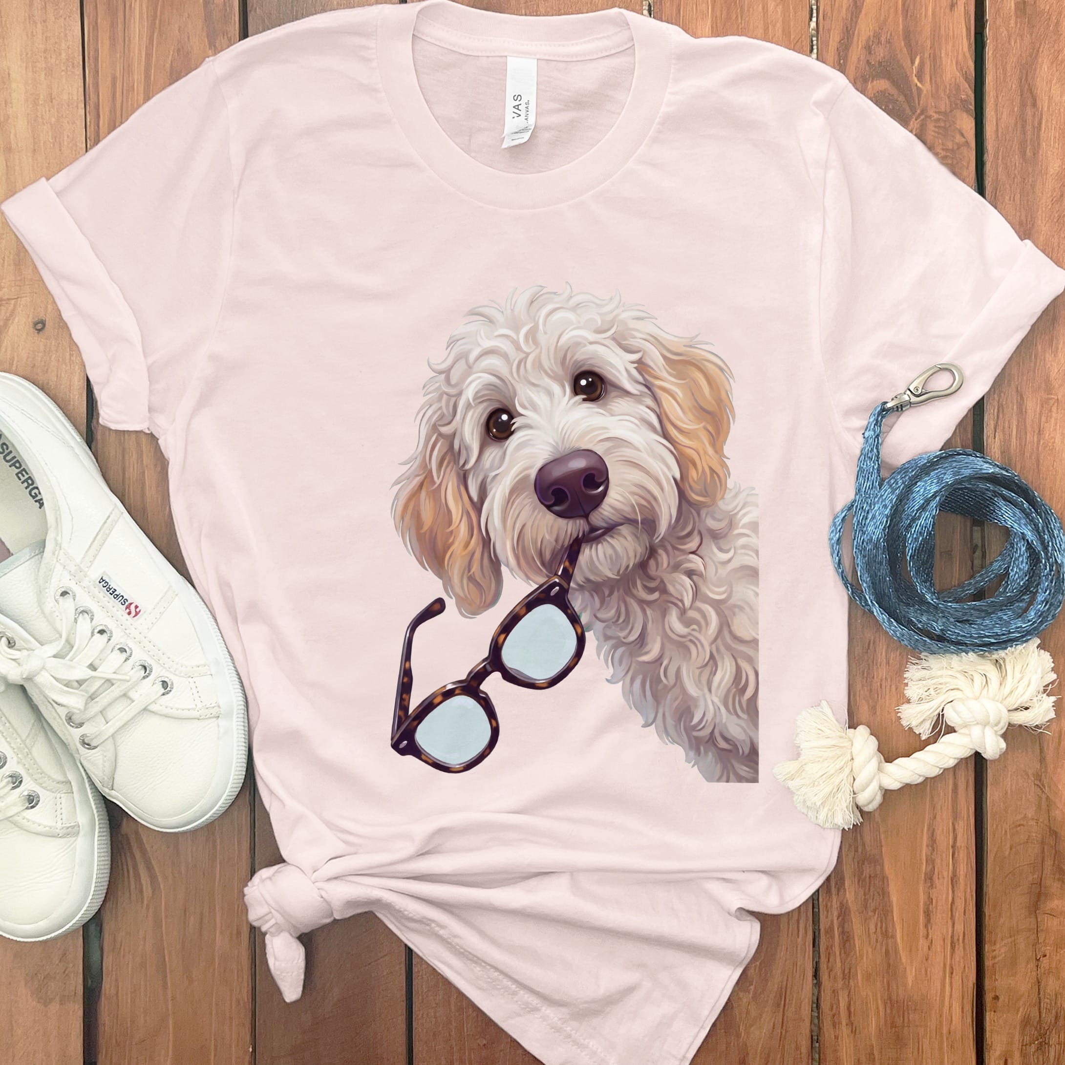 Cream Goldendoodle Stolen Glasses T-Shirt in Soft Pink / S by Puppy Jo