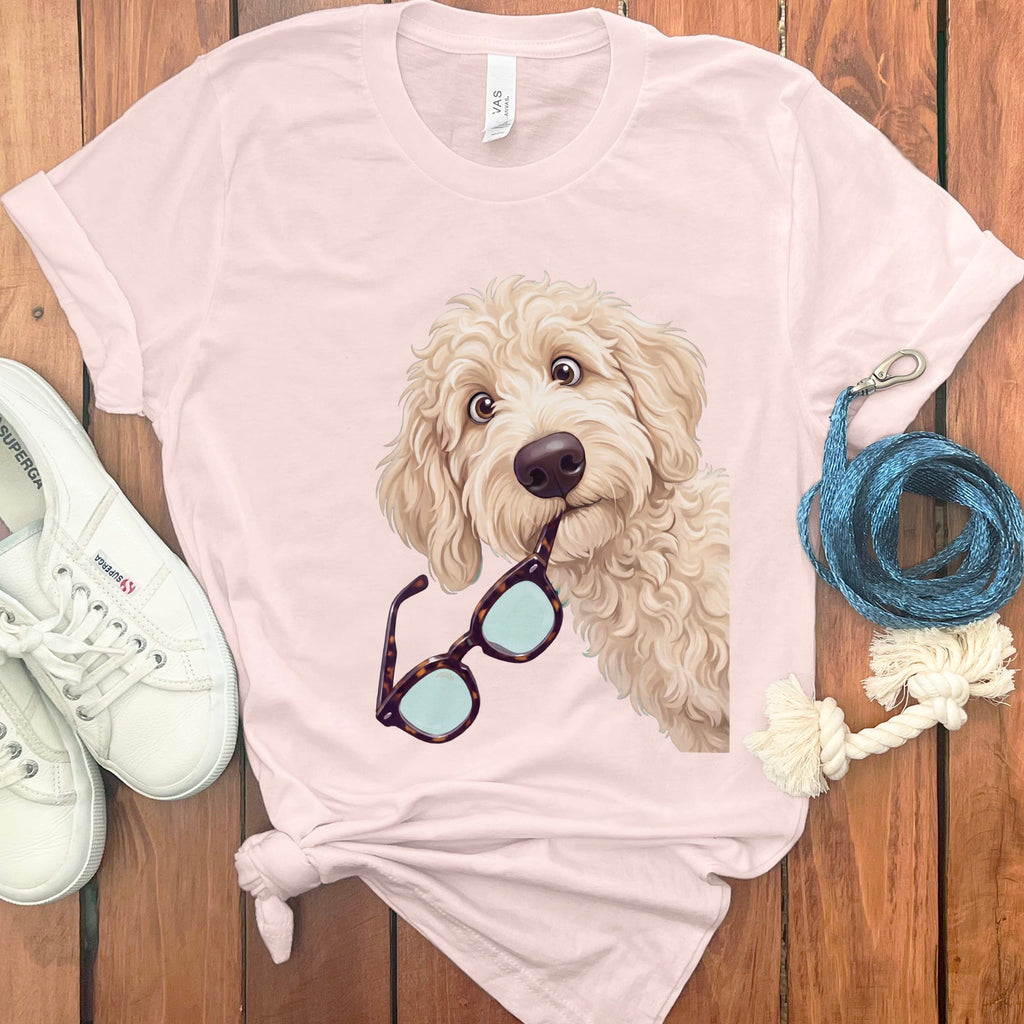 Cream Goldendoodle Stolen Glasses T-Shirt in Soft Pink / S by Puppy Jo