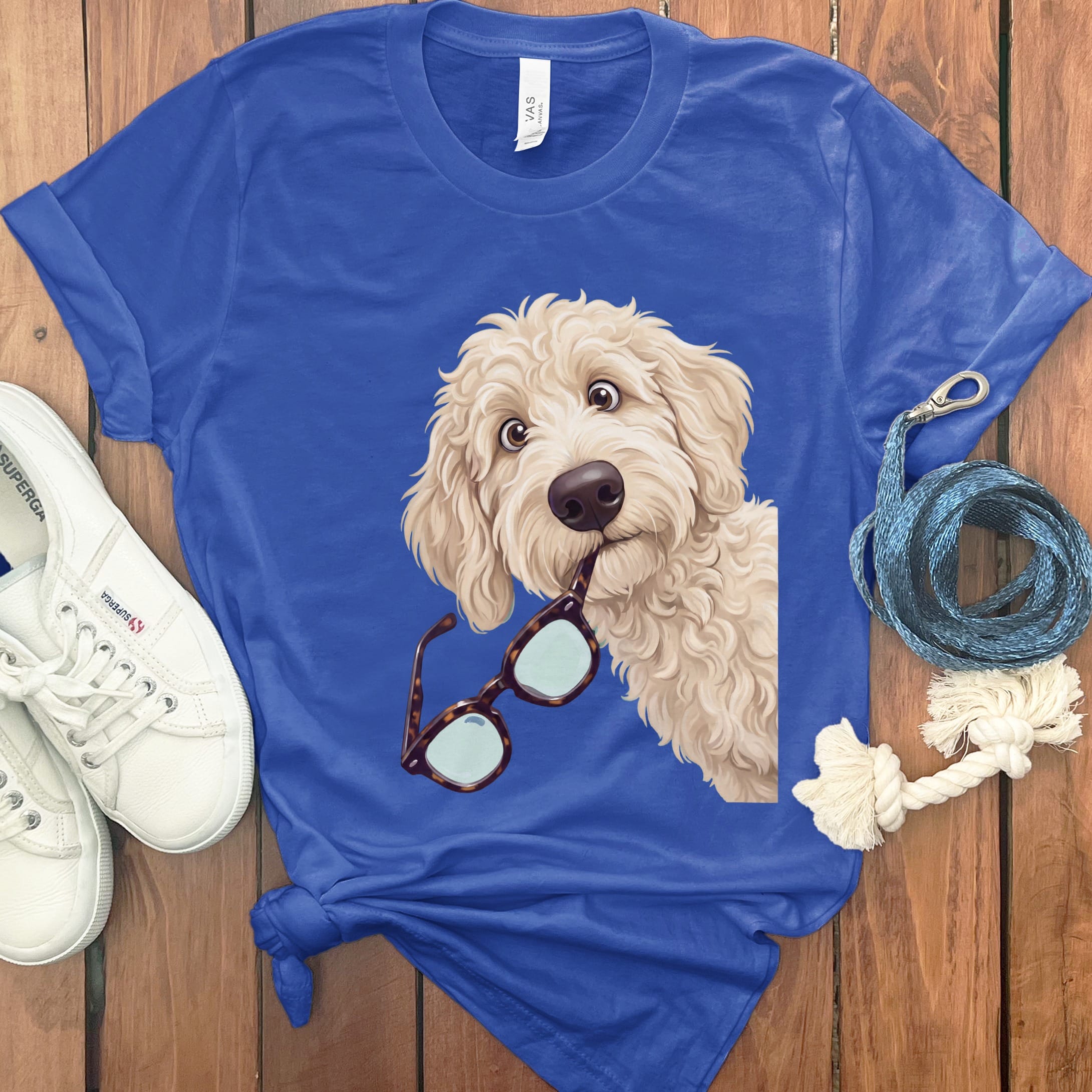 Cream Goldendoodle Stolen Glasses T-Shirt in True Royal / S by Puppy Jo
