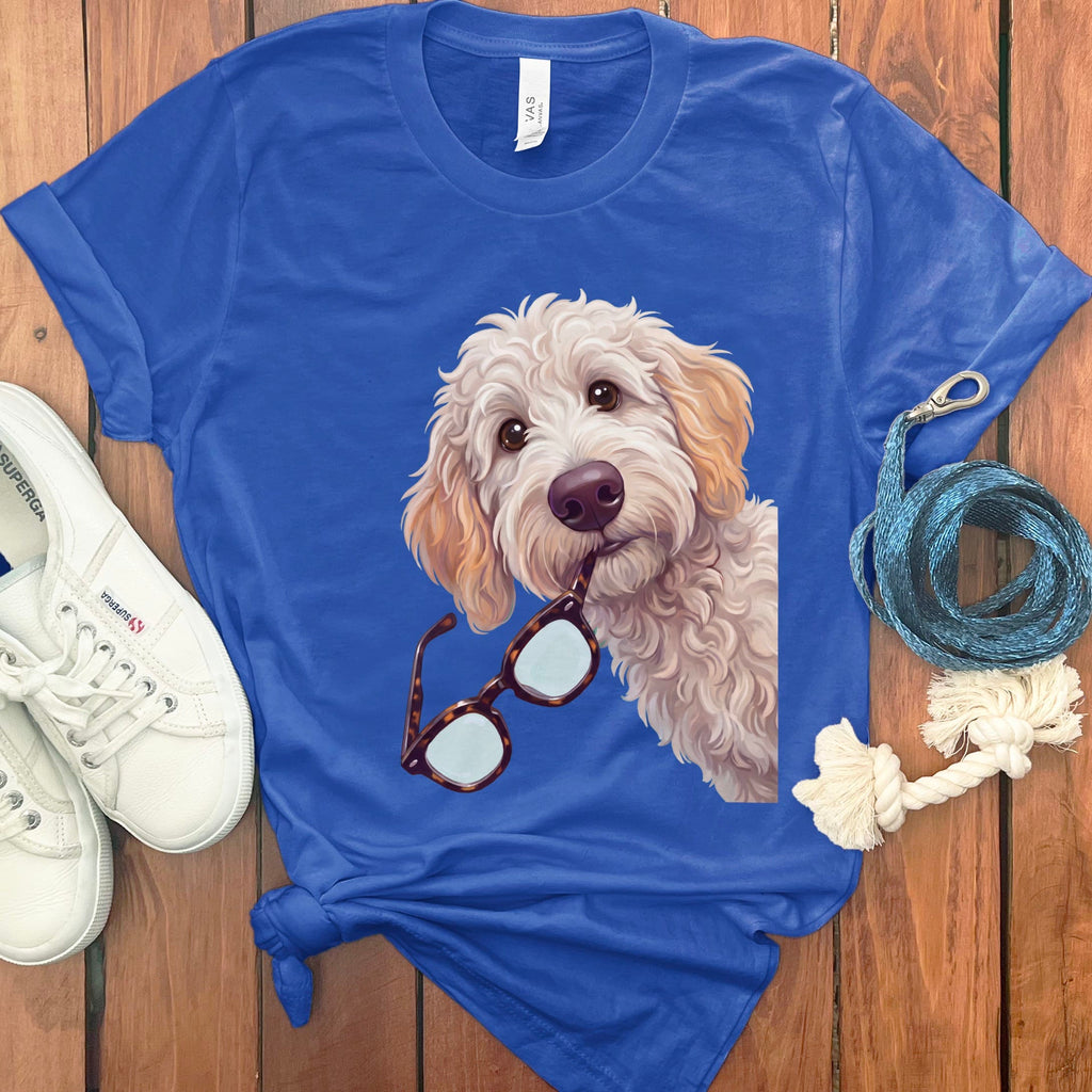 Cream Goldendoodle Stolen Glasses T-Shirt in True Royal / S by Puppy Jo