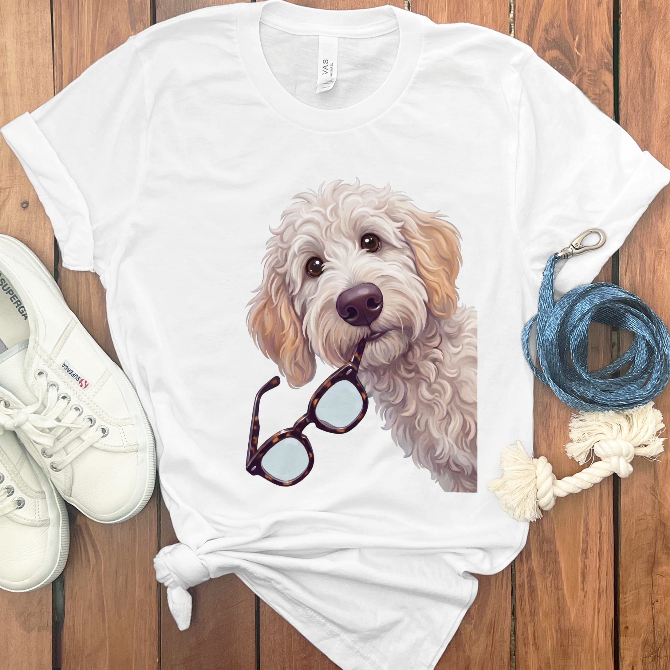 Cream Goldendoodle Stolen Glasses T-Shirt in White / S by Puppy Jo