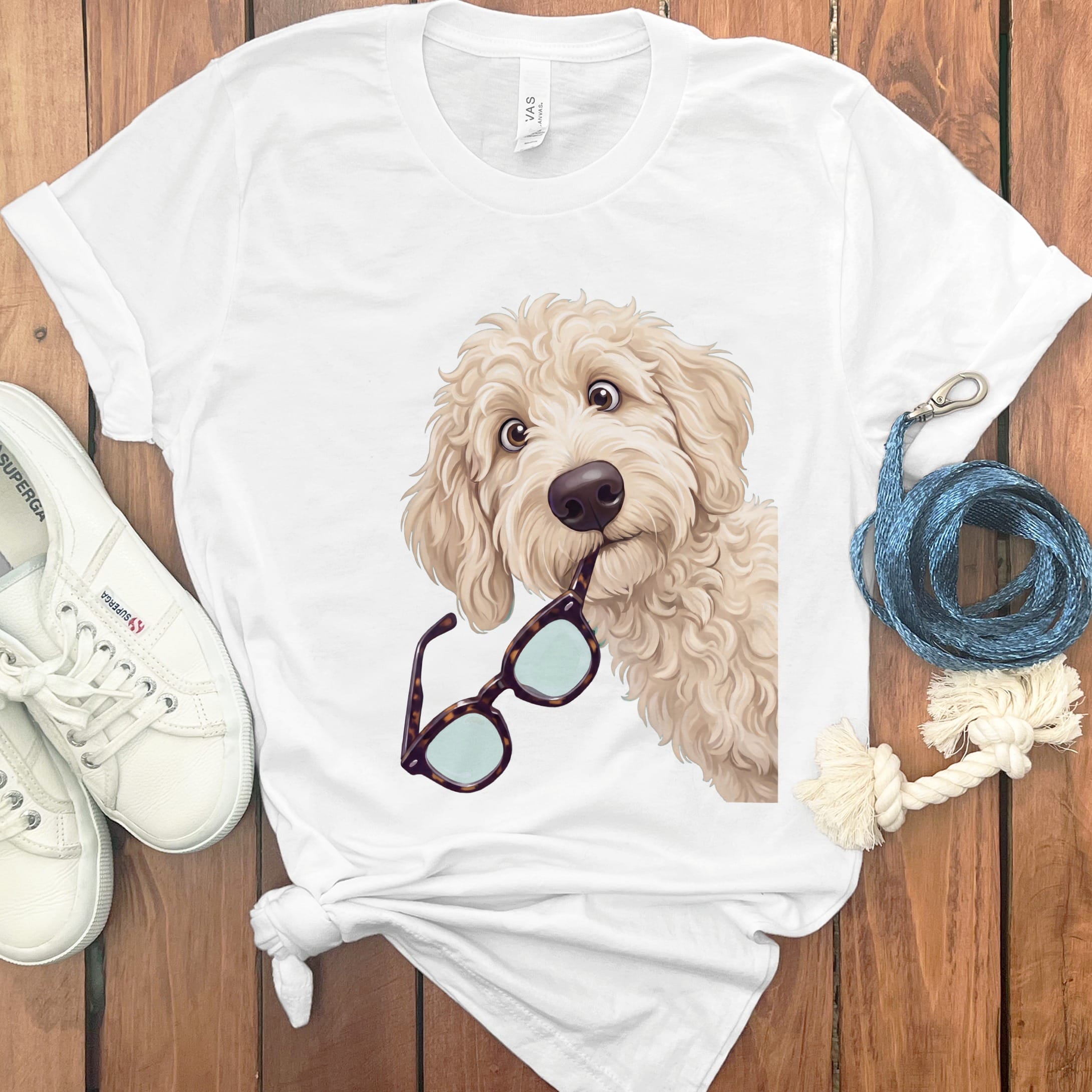 Cream Goldendoodle Stolen Glasses T-Shirt in White / S by Puppy Jo
