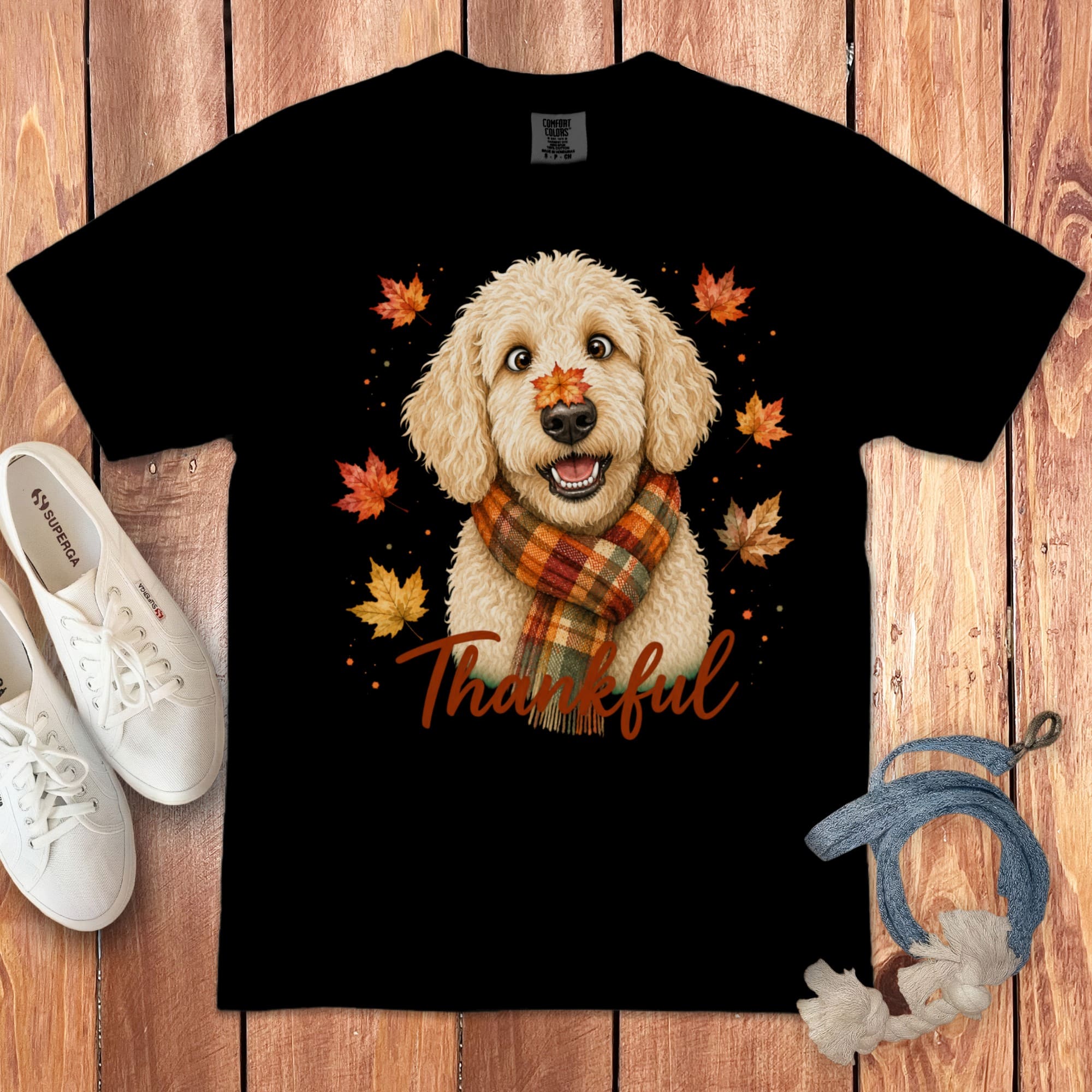Cream Goldendoodle Thankful Signature T-Shirt in Black / S by Puppy Jo