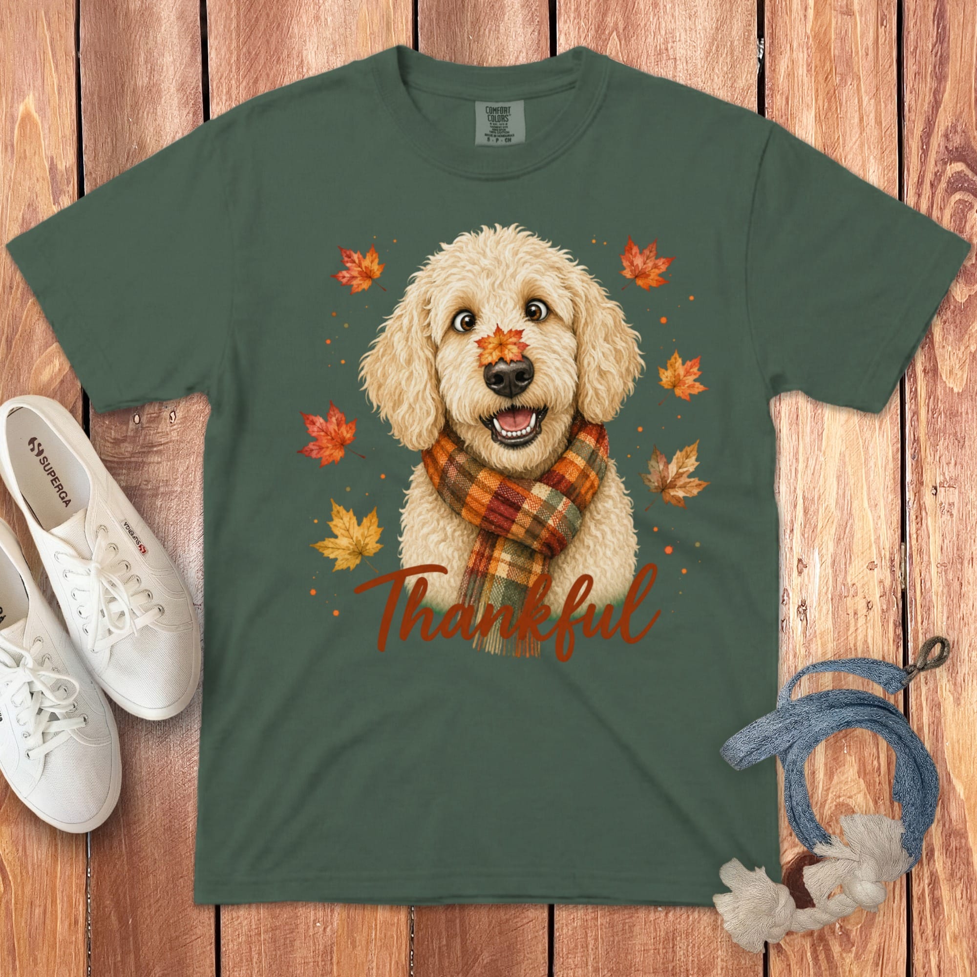 Cream Goldendoodle Thankful Signature T-Shirt in Blue Spruce / S by Puppy Jo