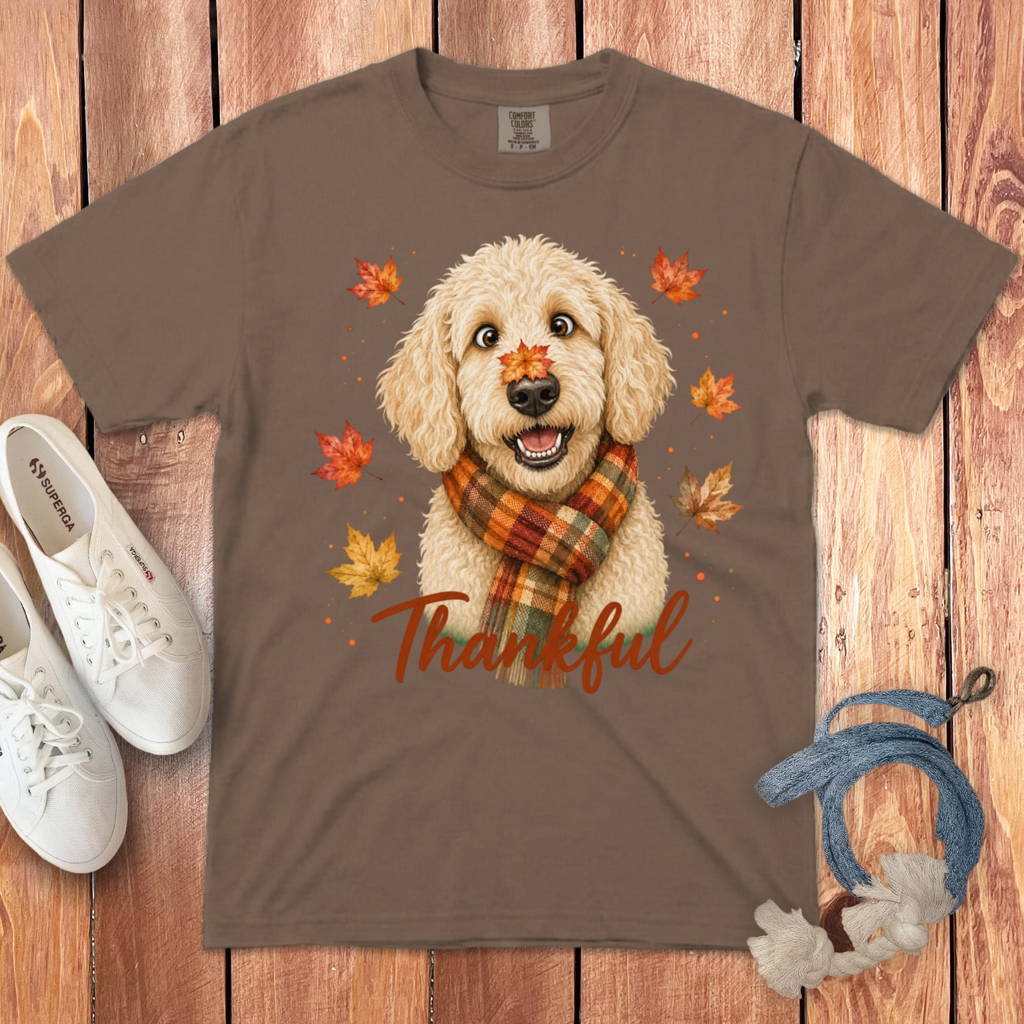 Cream Goldendoodle Thankful Signature T-Shirt in Espresso / S by Puppy Jo