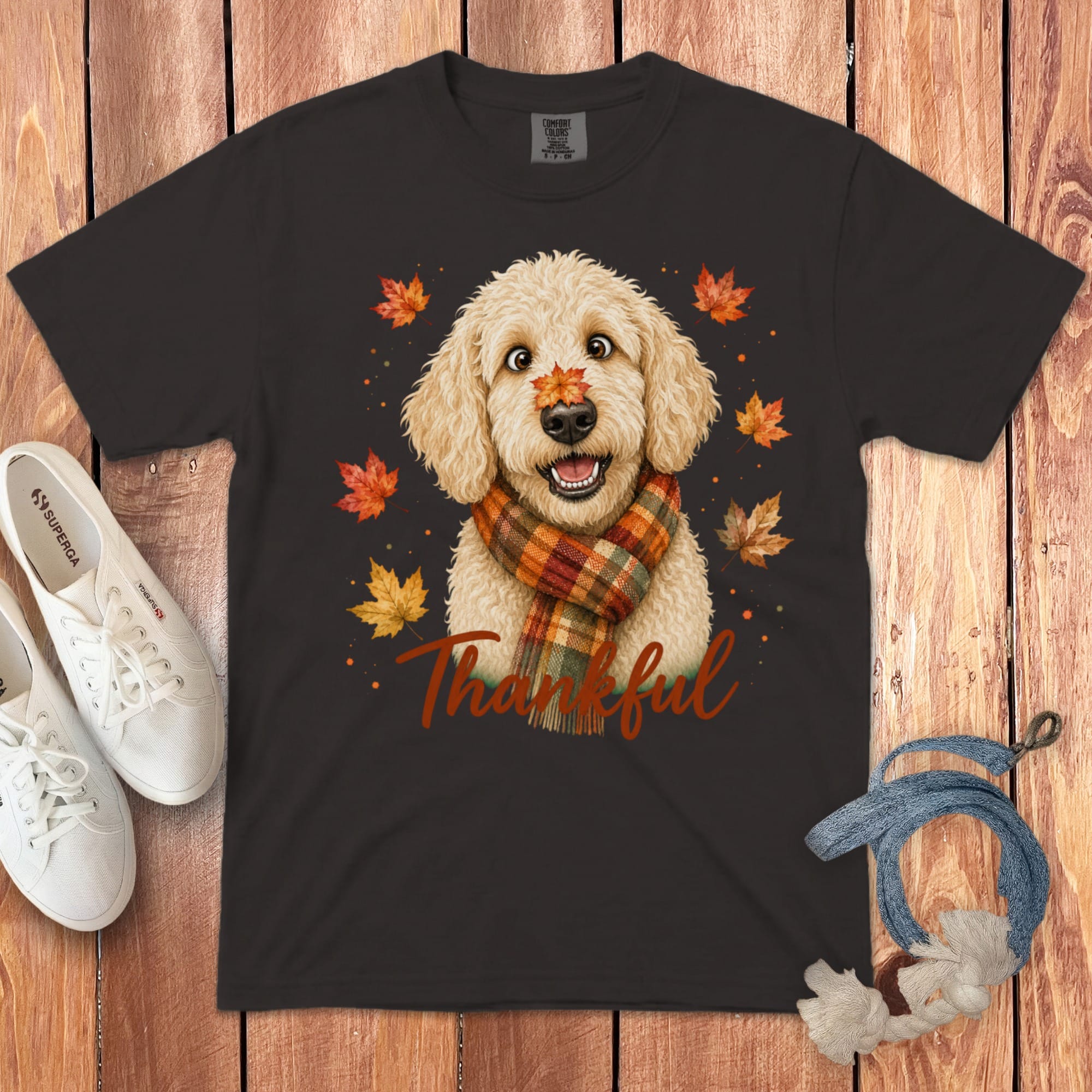 Cream Goldendoodle Thankful Signature T-Shirt in Graphite / S by Puppy Jo