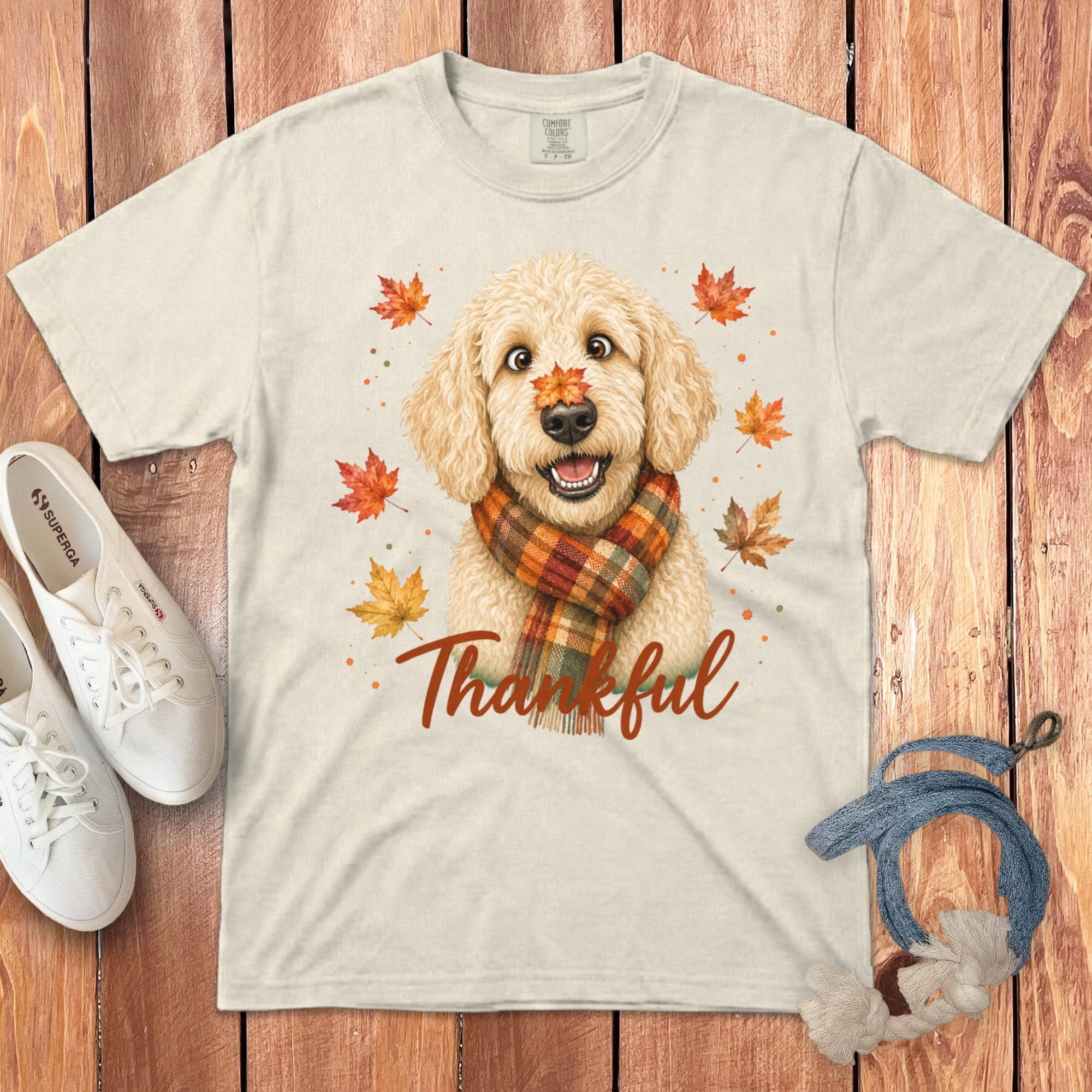 Cream Goldendoodle Thankful Signature T-Shirt in Ivory / S by Puppy Jo