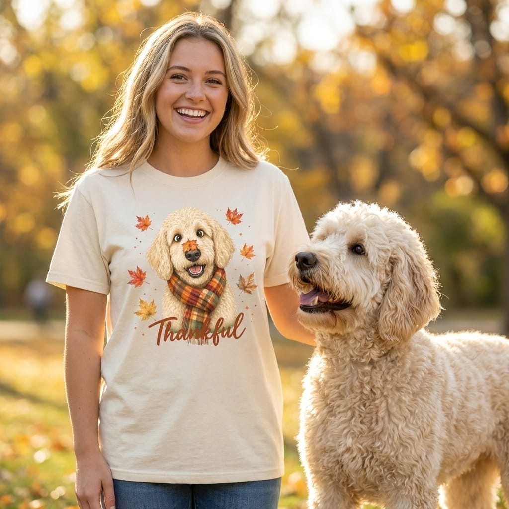 Cream Goldendoodle Thankful Signature T-Shirt in by Puppy Jo