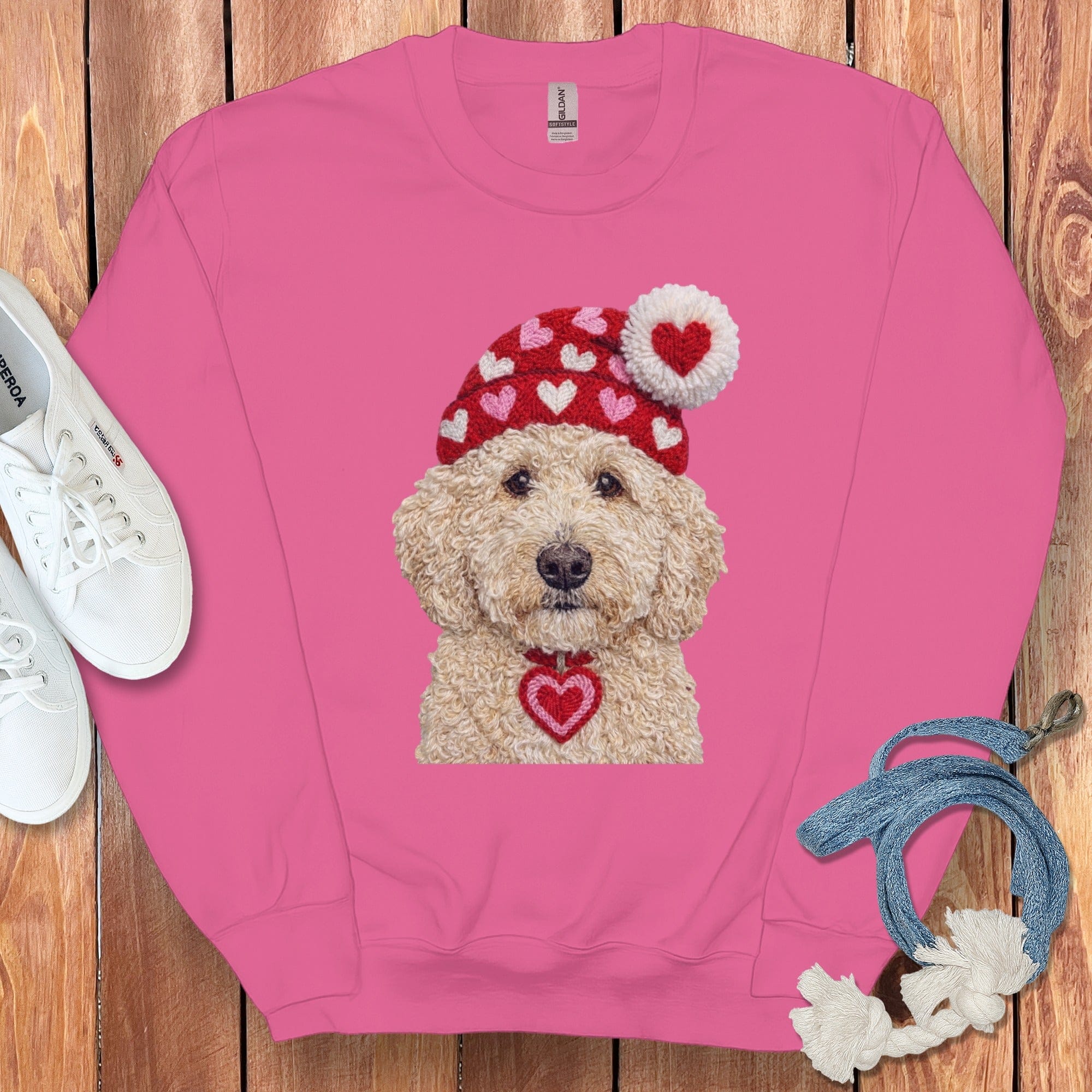 Cream Goldendoodle Valentine Charm Faux Yarn Sweatshirt in Heliconia / S by Puppy Jo