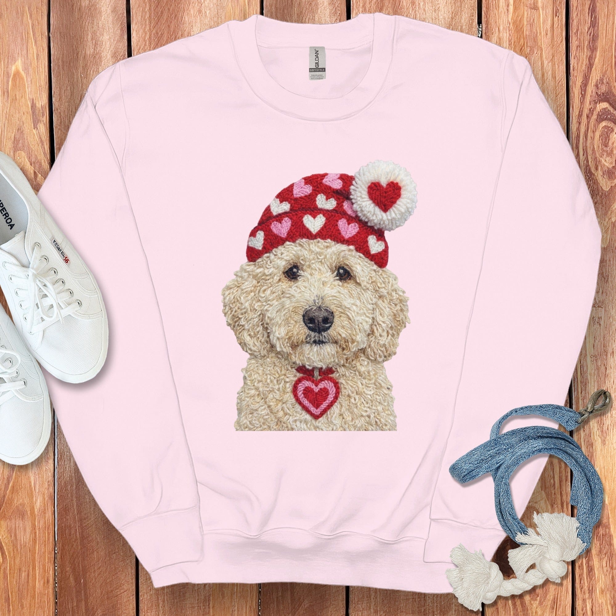 Cream Goldendoodle Valentine Charm Faux Yarn Sweatshirt in Light Pink / S by Puppy Jo